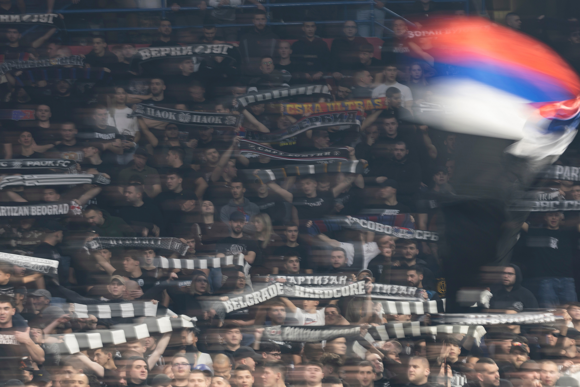 Grobari fans of FK Partizan, navijaci, supporters, flags, zastave, ilustracija