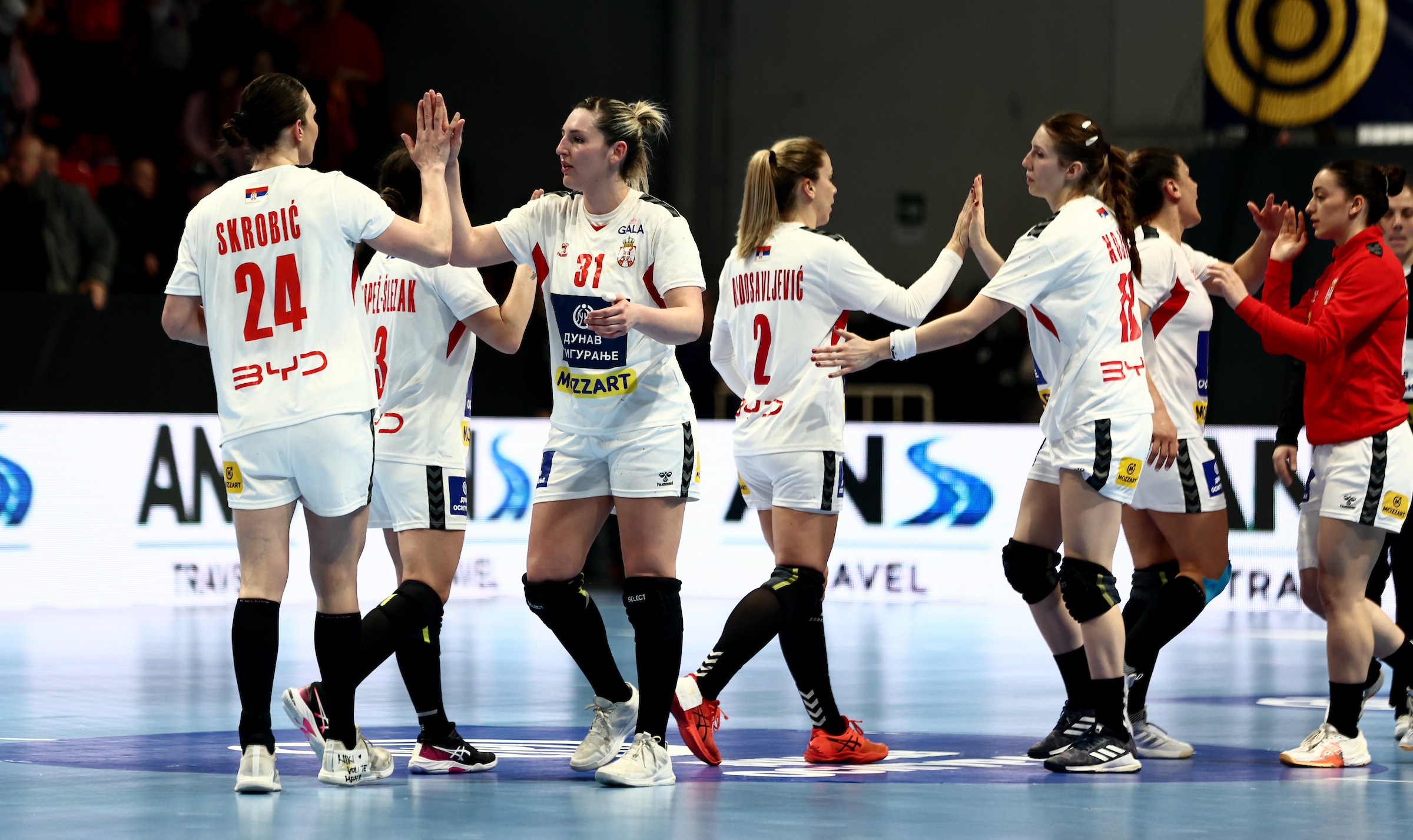 Kragujevac, Serbia. Jovana Skrobic, Katarina Bojicic, Sanja Radosavljevic European Championship Women Qualifiers Phase 2 Serbia v Sweden