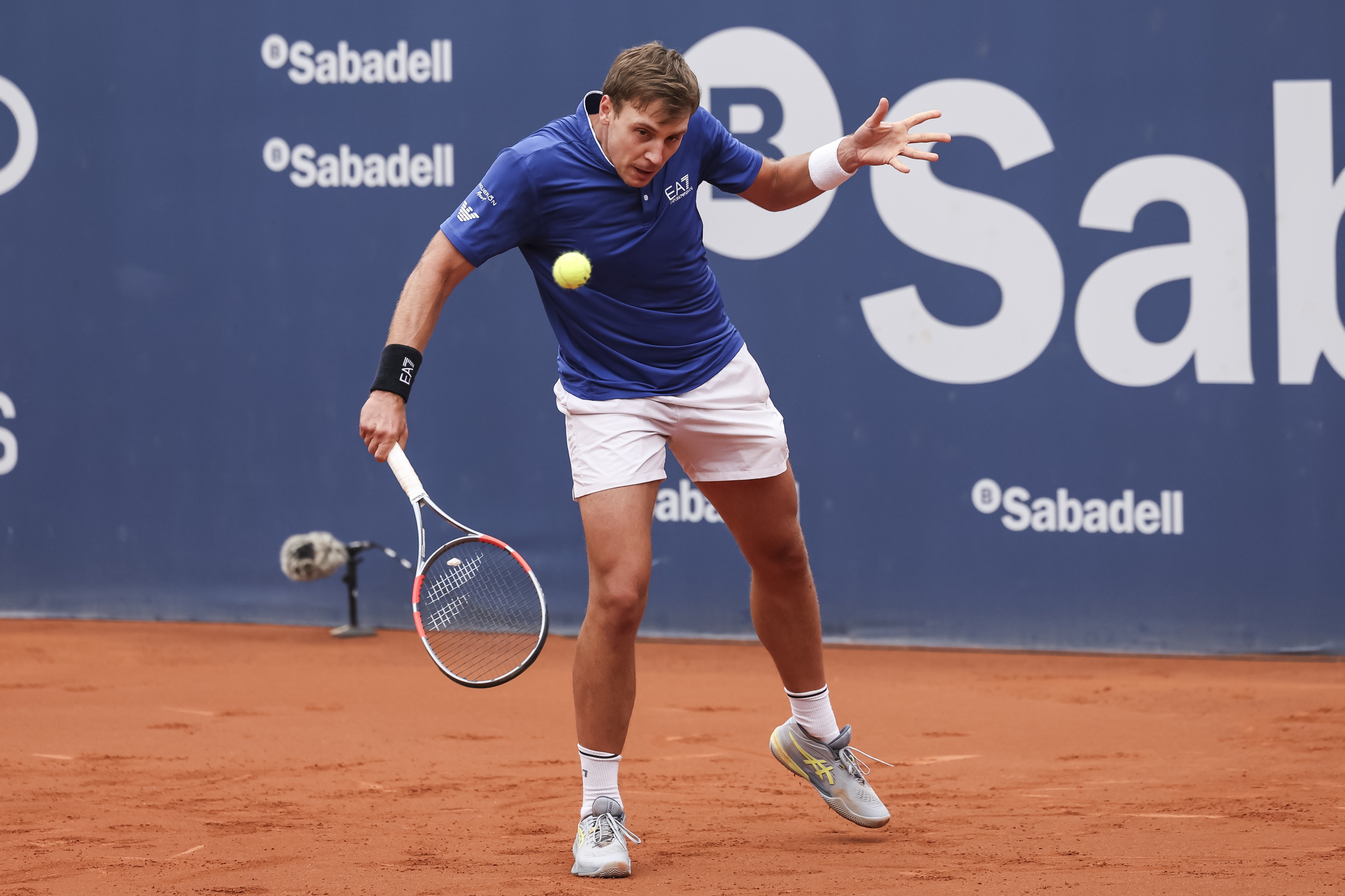 Barcelona, Spain: Hamad Medjedovic of Serbia in action agaisnt Quentin Halys of France