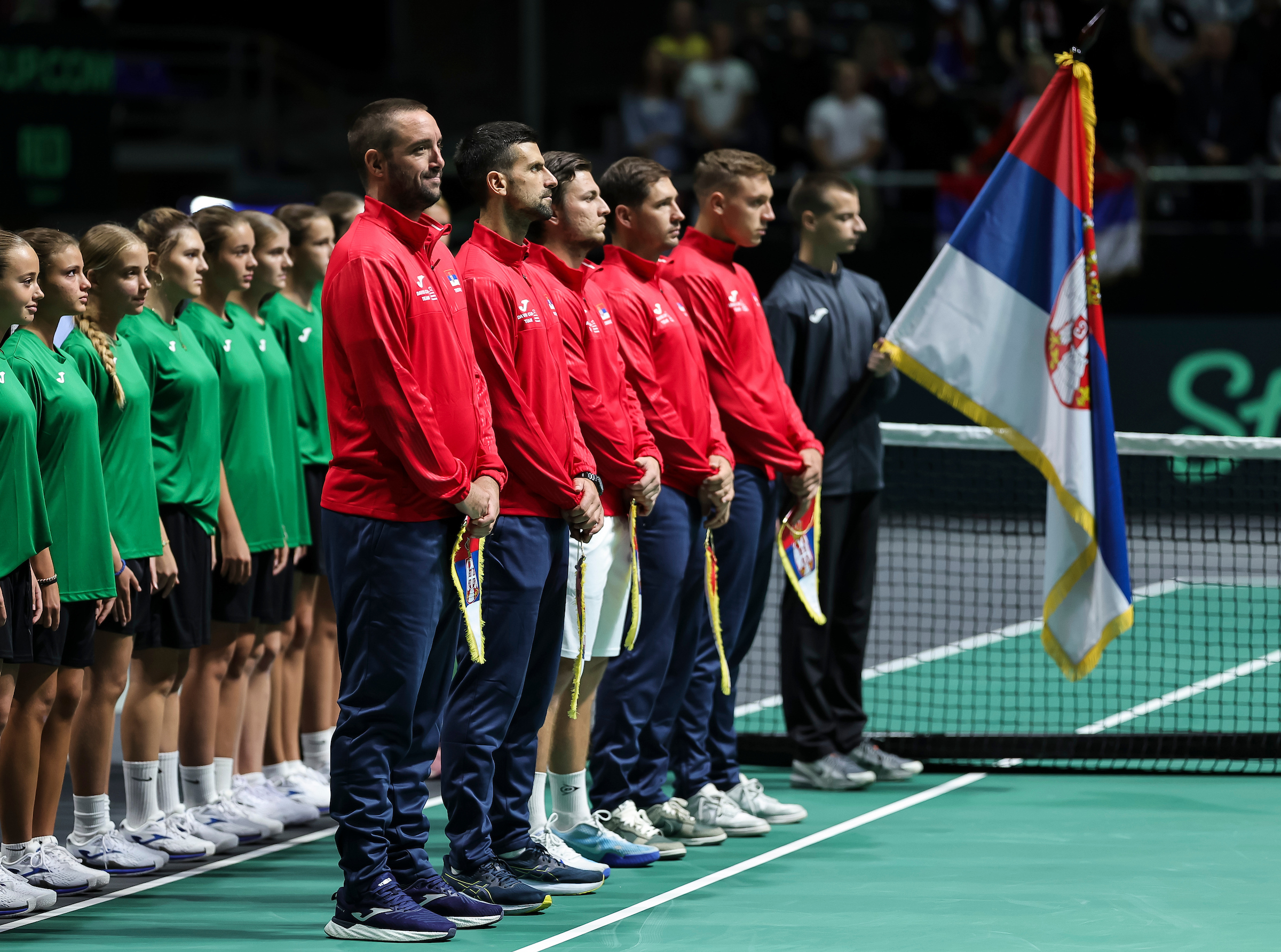 (L-R) Team of Serbia Team captain Viktor Troicki, Novak Djokovic, Miomir Kecmanovic