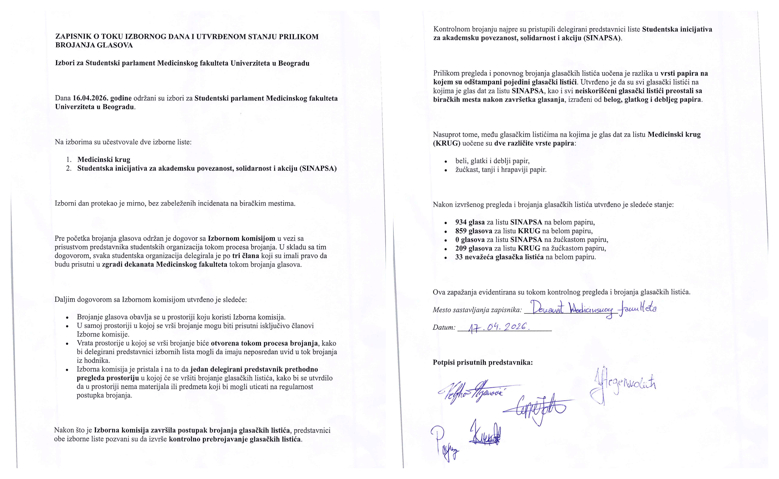 Zapisnik o glasanju za parlament, medicinski fakultet