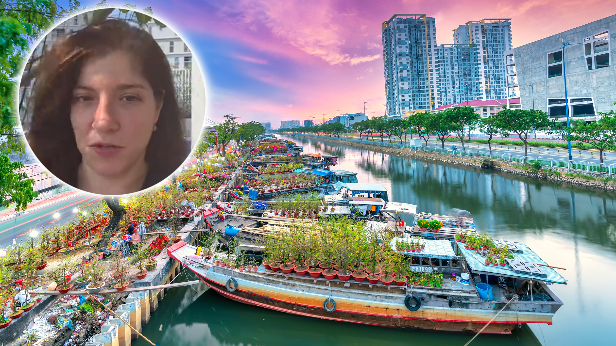 Ho Chi Minh City, Vietnam - January 18th, 2023: Flowers boat at market along canal wharf. This place Farmers sell apricot blossom and other flowers on Lunar New Year in Ho Chi Minh city, Vietnam