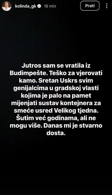 Kolinda Grabar-Kitarović instagram post, smeće u Zagrebu