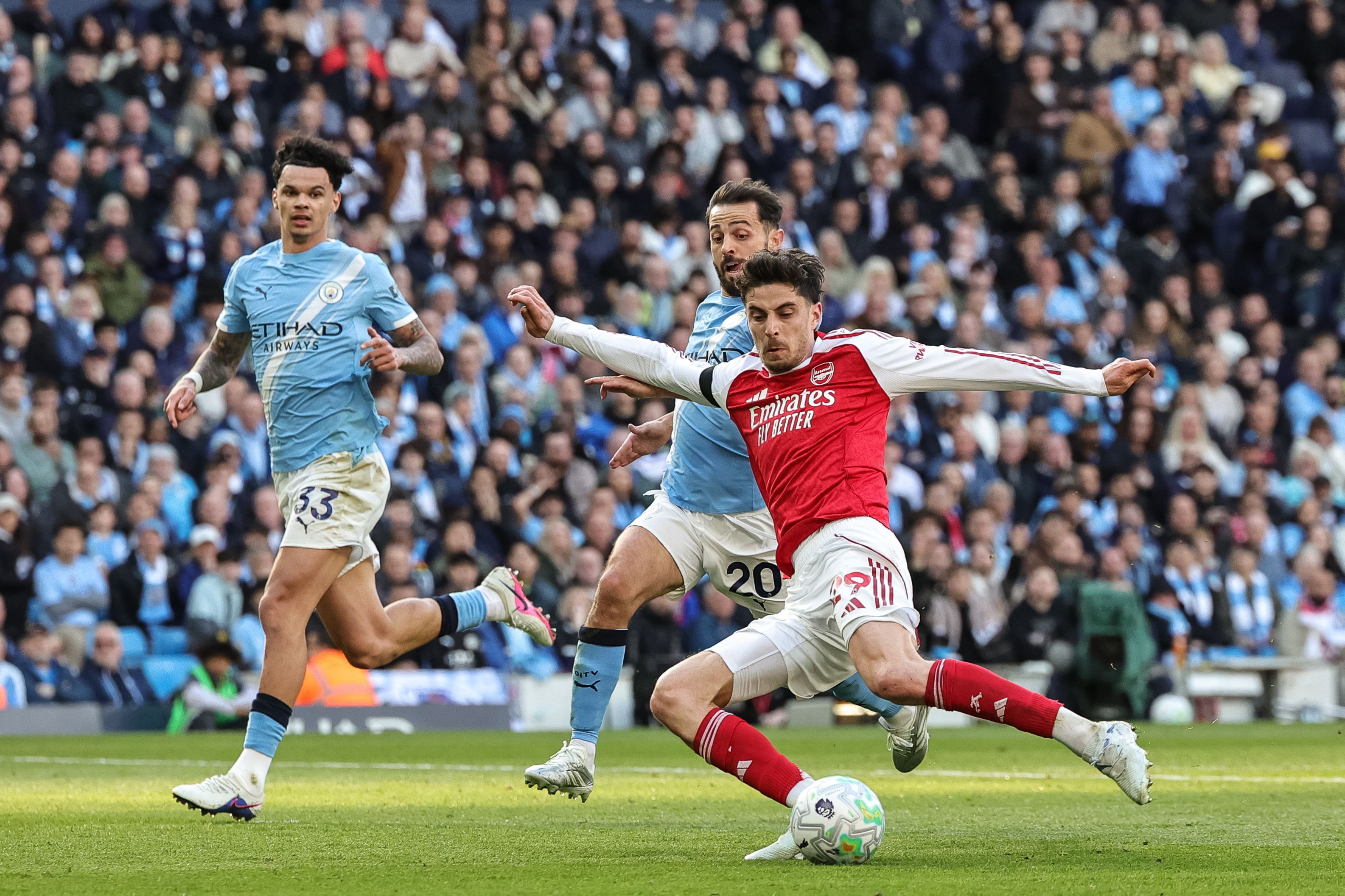 Kai Havertz of Arsenal shoots on goal as Gianluigi Donnarumma makes a save, Manchester City v Arsenal - Premier League