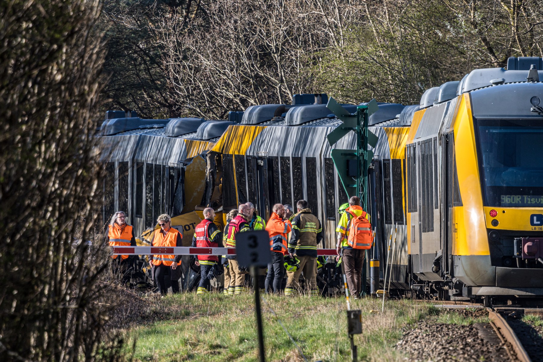 Rescue workers stand near two trains that collided betwee