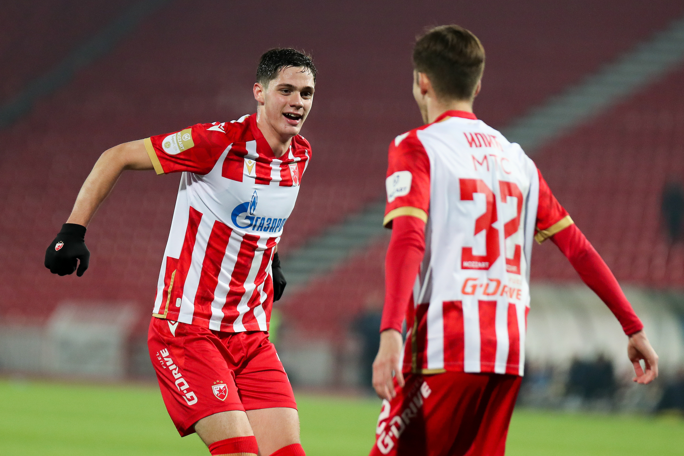 Stefan Lekovic (L) and Luka Ilic (R) celebrate a goal during the Mozzart Bet Serbian Super Liga round 18 match between Crvena zvezda and Tekstilac Odzaci at Rajko Mitic Stadium on December 07, 2024 in Belgrade, Serbia. (Photo by Andrija Sokovic/Starsport)
