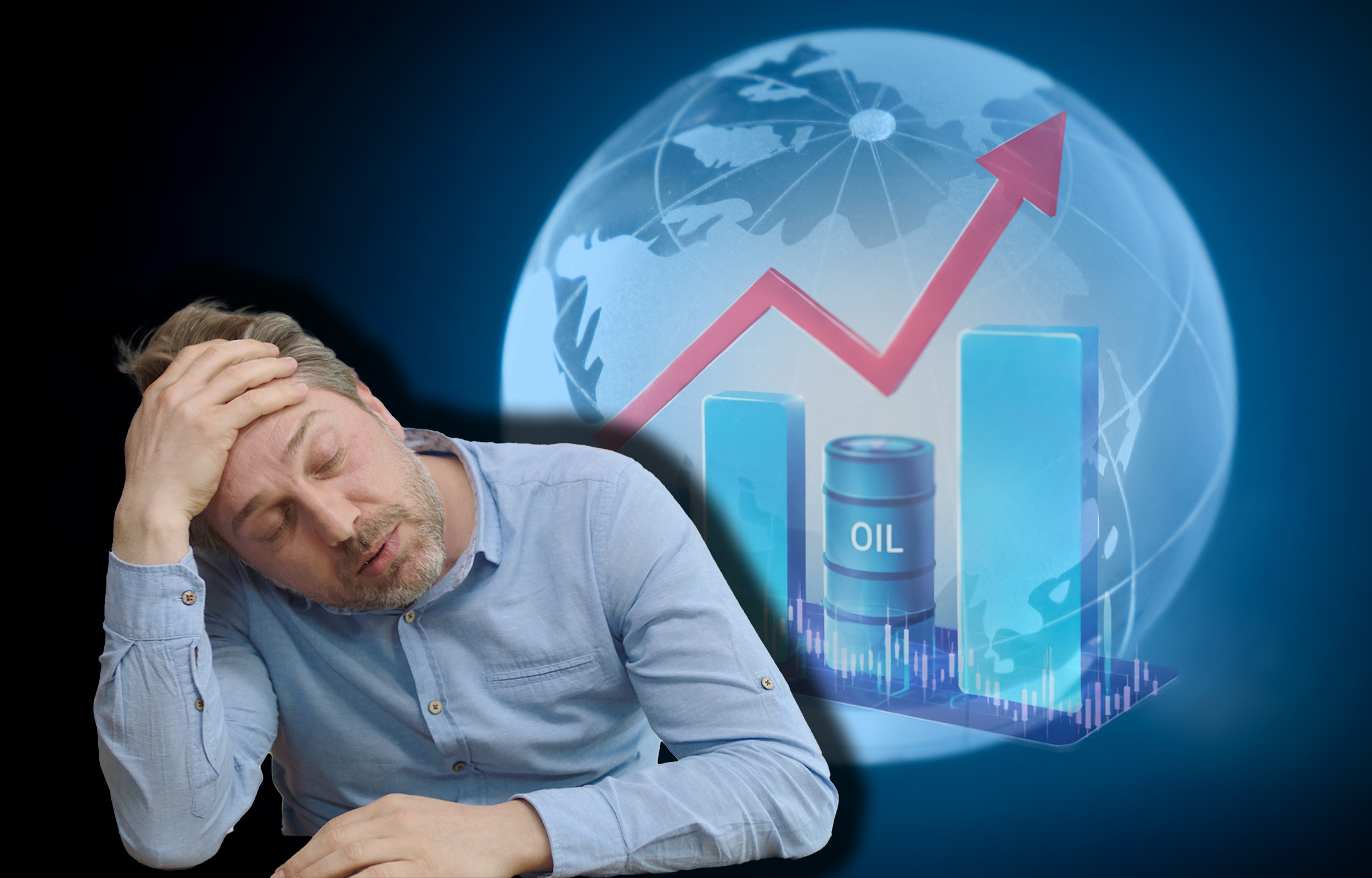 A rising red arrow on a bar chart featuring oil barrels against a glowing blue globe background. Energy crisis, fuel shortages, price surge, inflation pressure, and unstable global energy markets concept.