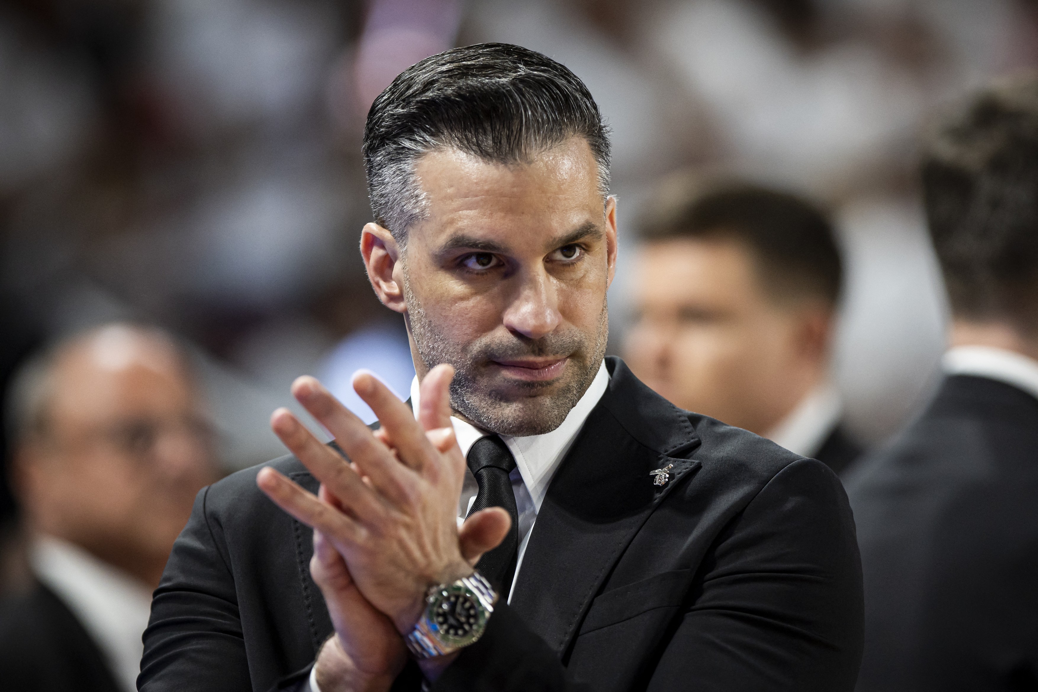 Head coach of Besiktas GAIN Alimpijevic Dusan follows the final EuroCup basketball match against Cosea JL Bourg at the Ekinox