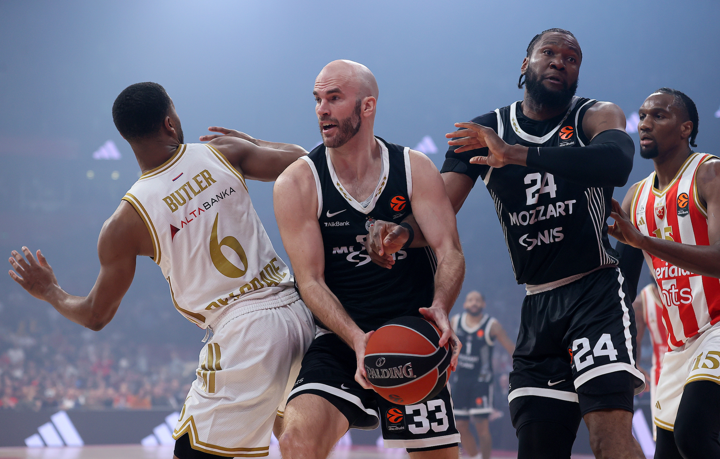 (L-R) Jared Butler of Crvena Zvezda, Nick Calathes of Partizan, Bruno Fernando