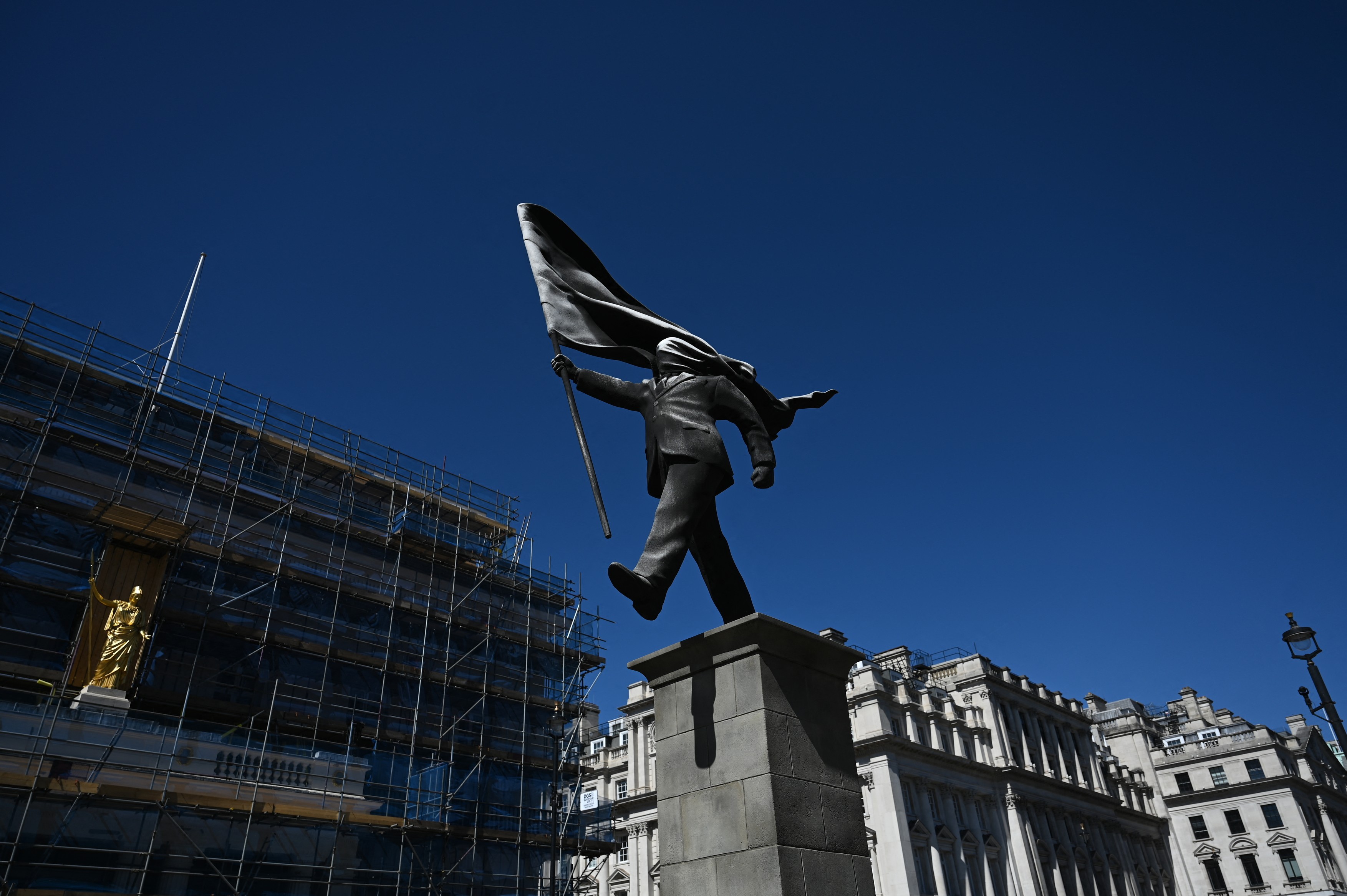 LONDON, UNITED KINGDOM - APRIL 30: A view of an artwork believed to be by the artist Banksy at Waterloo Place in central London, United Kingdo