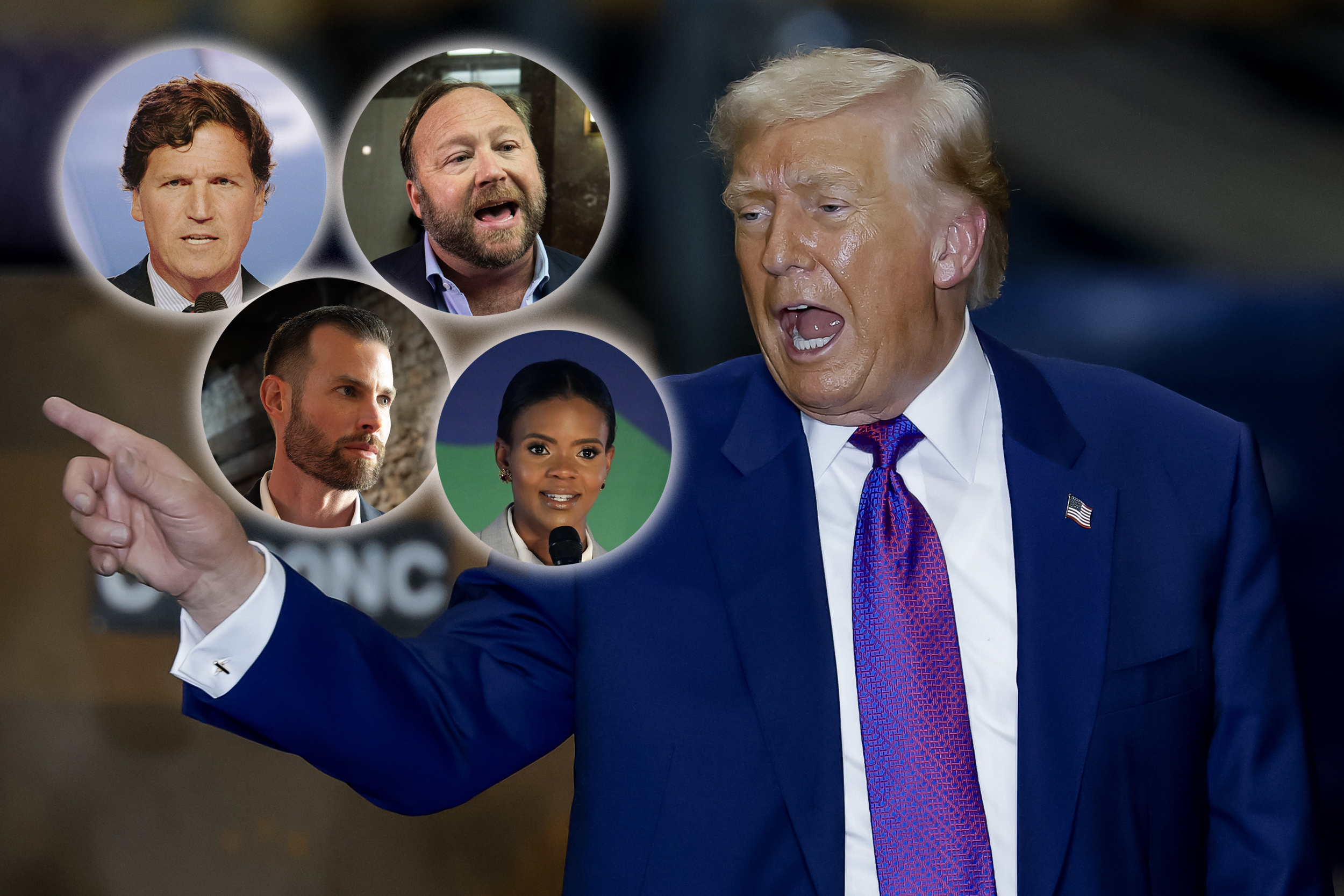 MAGA protiv Trampa  Tucker Carlson, Alex Jones, Marjorie Taylor Greene, Candace Owens oko Donalda Trampa kombo