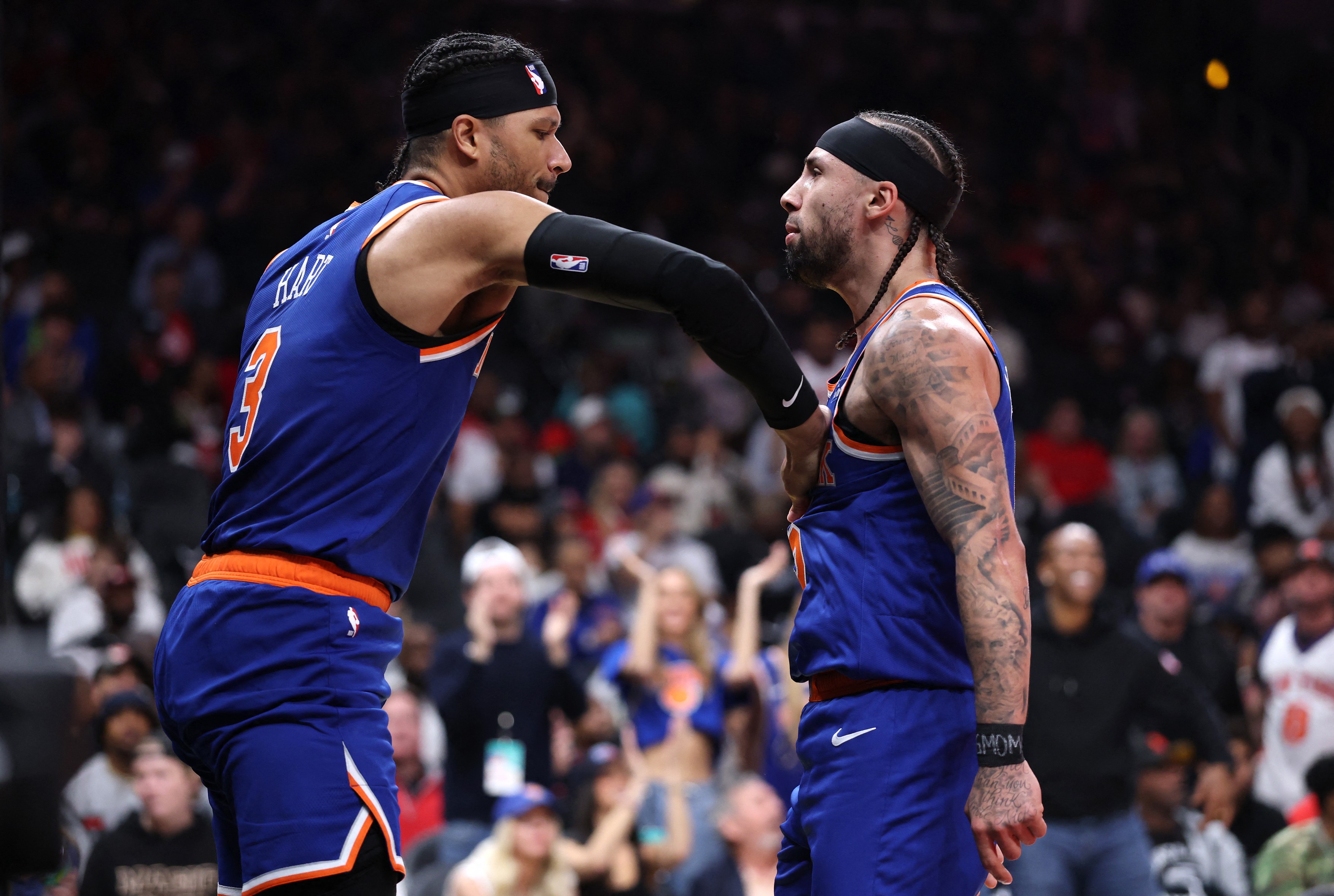ATLANTA, GEORGIA - APRIL 30: Josh Hart #3 and Jose Alvarado #5 of the New York Knicks