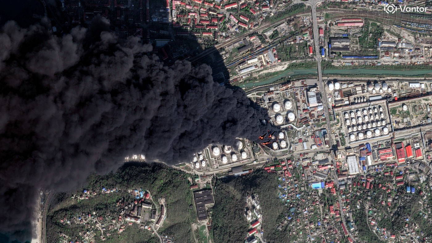 This handout satellite image courtesy of 2026 Vantor taken and made available on April 16, 2026, shows smoke rising from the Tuapse oil refinery