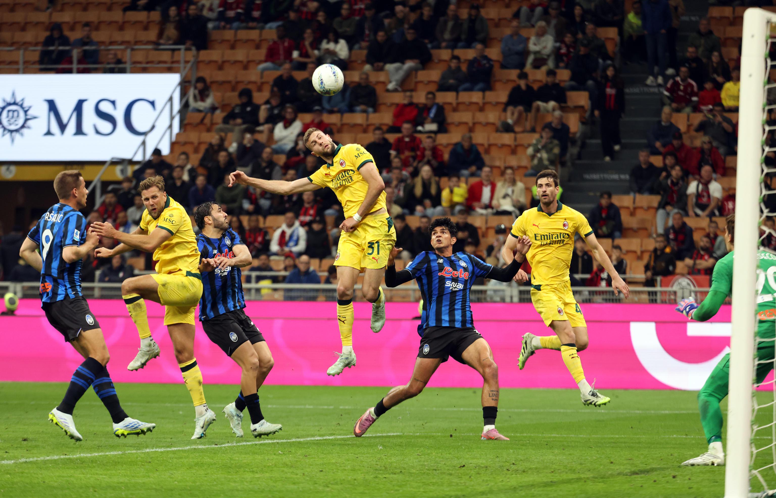 AC Milan's Strahinja Pavlovic (C) scores the 1-3 goal during the Italian Serie A soccer match between AC Milan and Atalanta BC, in Milan, Italy, 10 May 2026.