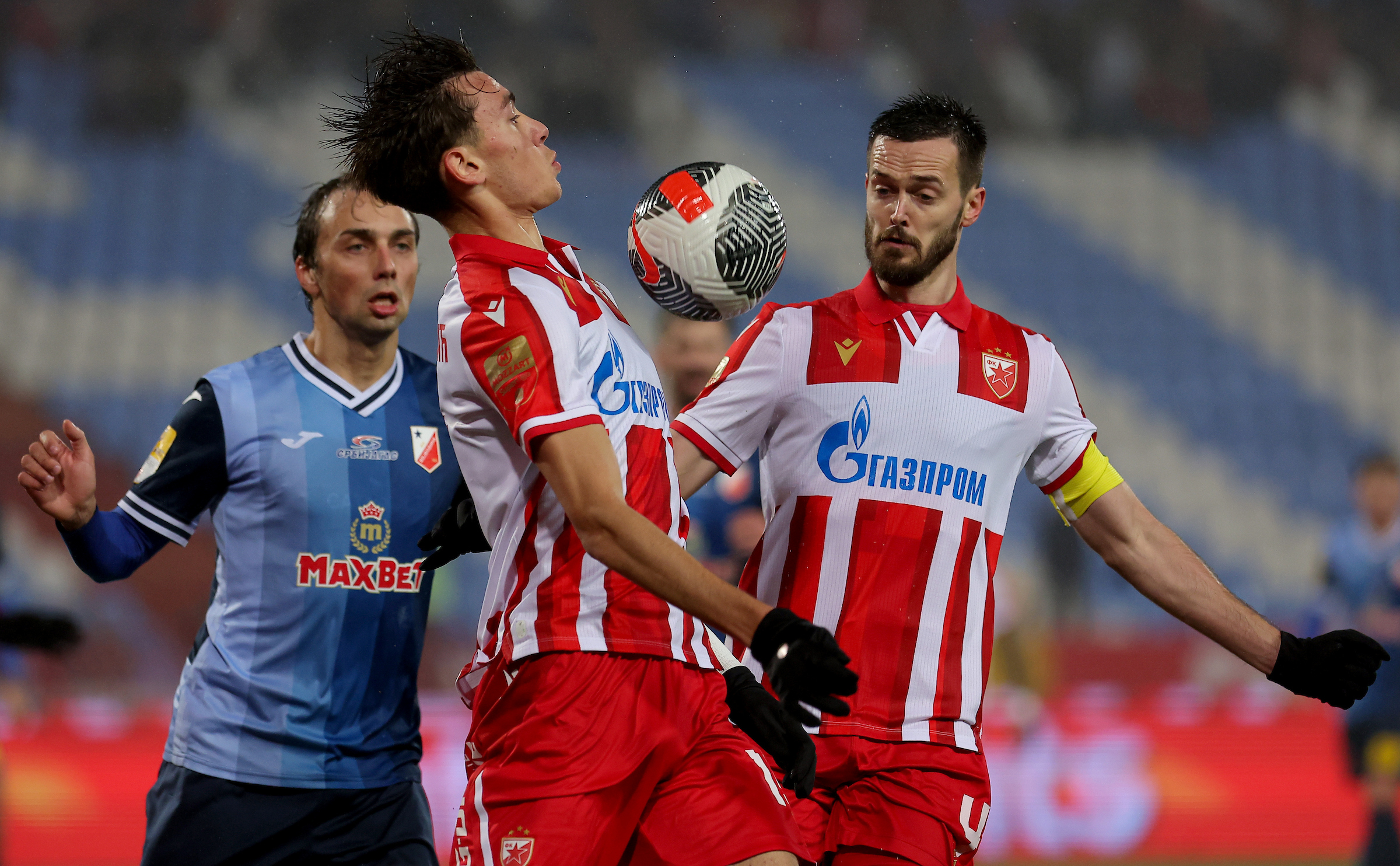 Aleksa Damjanovic of Crvena Zvezda (L) and Mirko Ivanic o