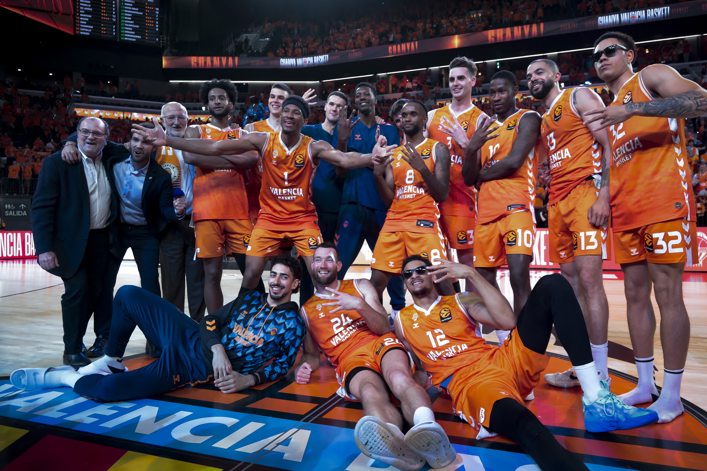 VALENCIA, SPAIN - MAY 13: Valencia Basket players pose for team photos following their the victory at the EuroLeague match between Valencia Basket and Panathinaikos AKTOR Athens at Roig Arena