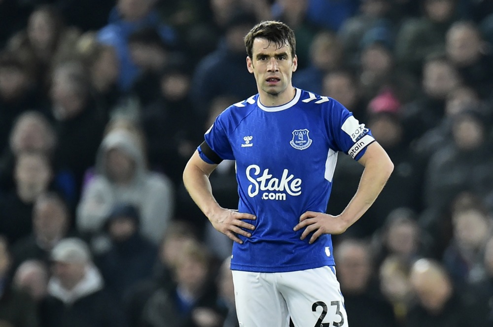 epa10465739 Seamus Coleman of Everton reacts during the English Premier Leag