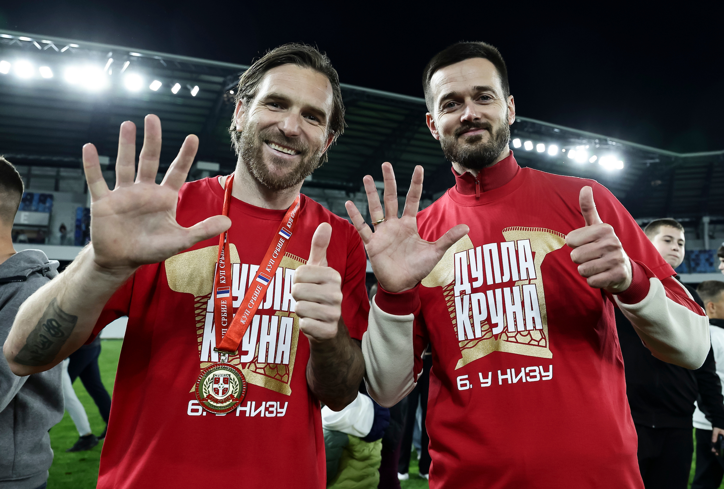 Aleksandar Katai (L) and Mirko Ivanic of Crvena Zvezda celebrate during the Serbia Cup Kup Srbije season 2025/2026 final match