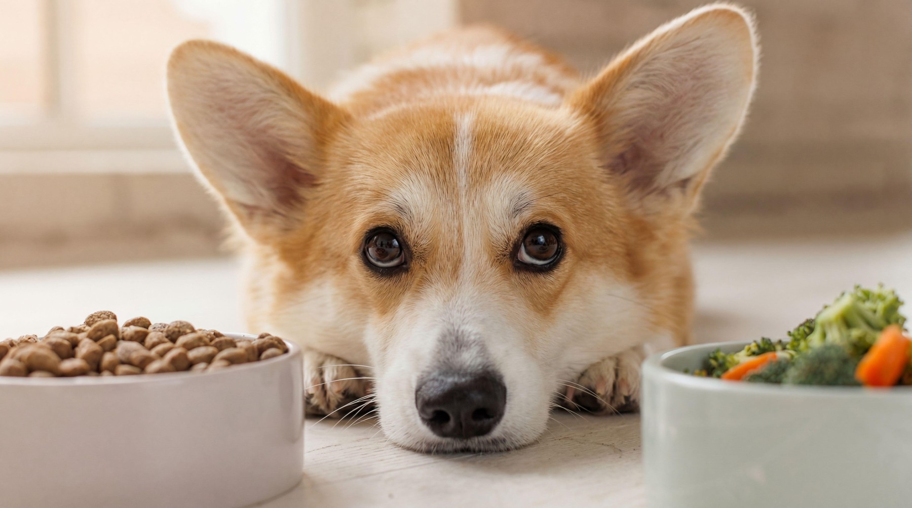 A close-up, eye-level shot of a Pembroke Welsh Corgi lying down