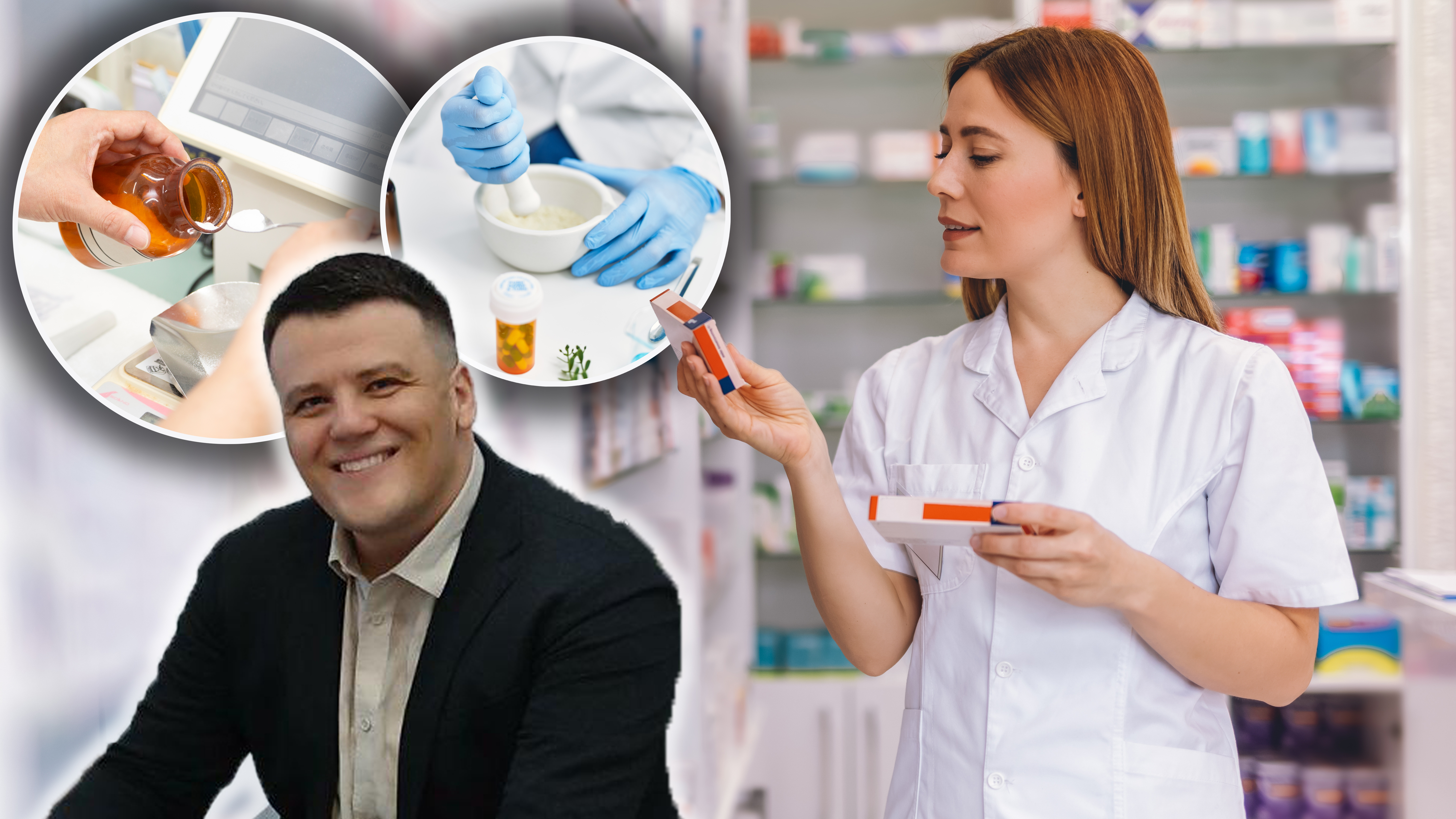 Young  smiling pharmacist searching for medication in the pharmacy.