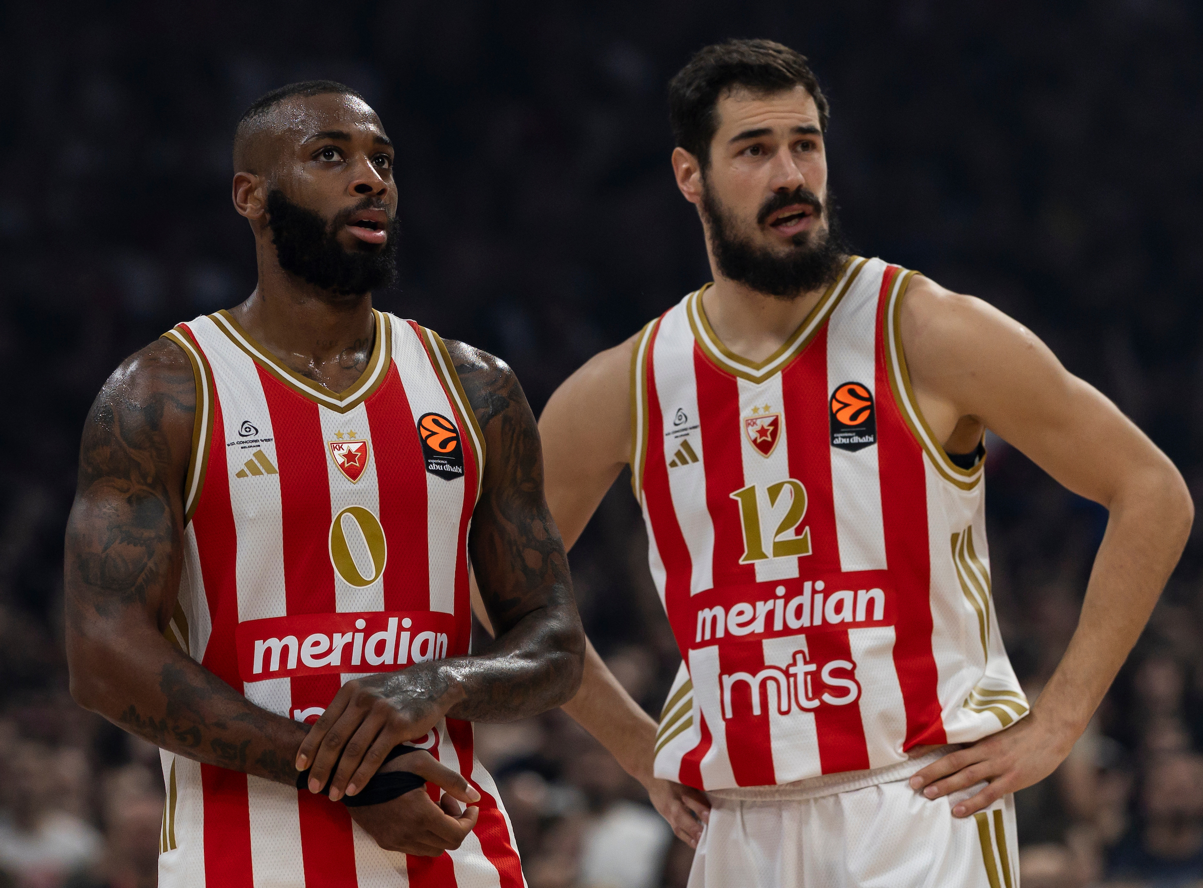 Codi Miller-McIntyre, #0 of Crvena Zvezda and Nikola Kalinic, #12