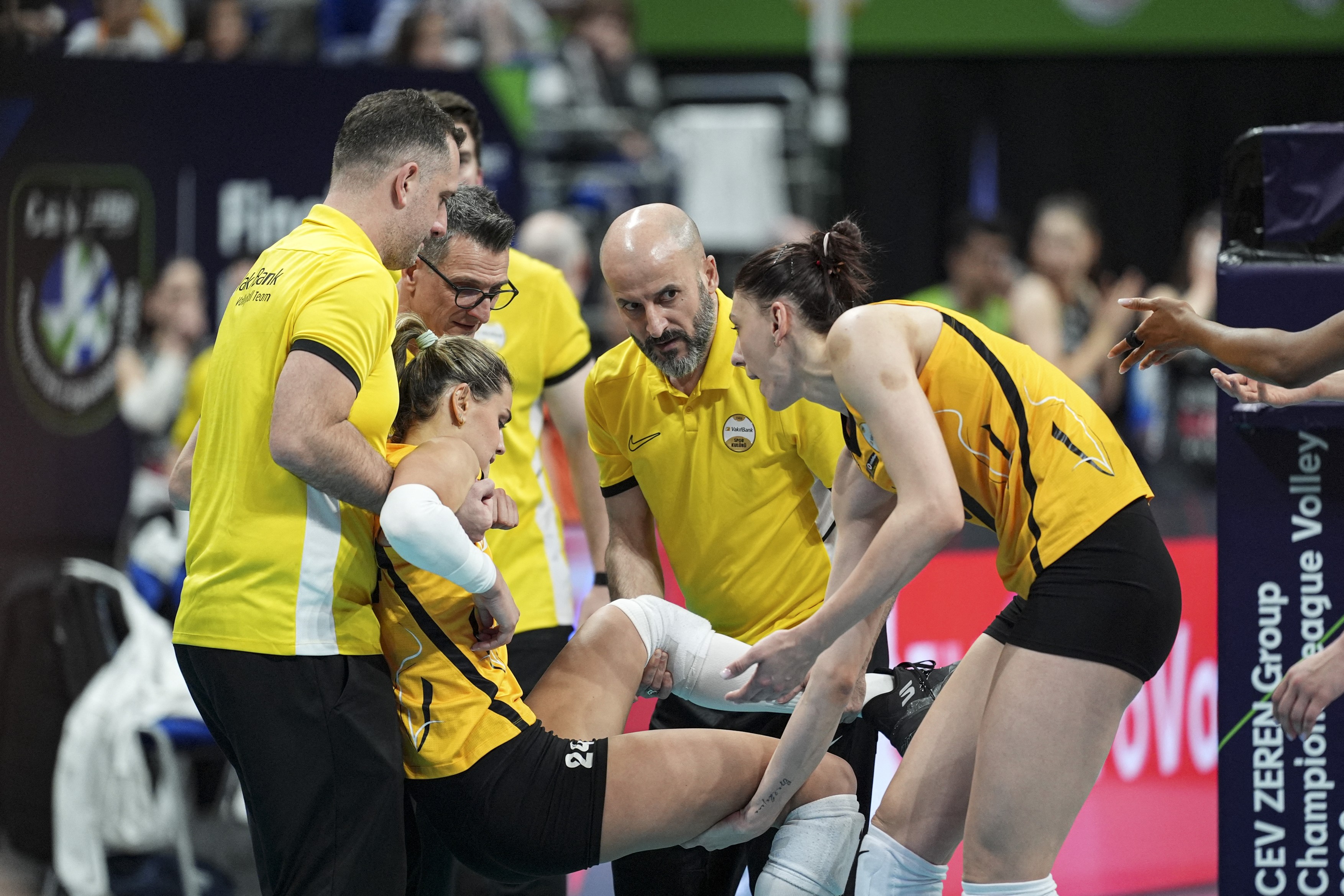 Katarina Dangubic (24) of VakifBank gets injured during the CEV Women’s Final Four volleyball match between VakifBank and A. Carraro Imoco at Ulker Sports and Event Hall in Istanbul