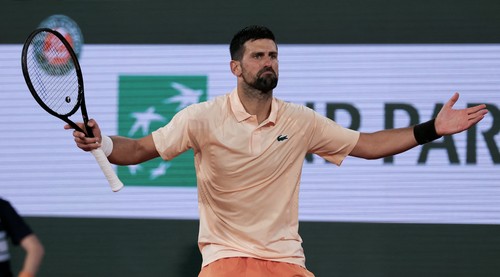 Serbia's Novak Djokovic celebrates after winning against France's Giovanni Mpetshi Perricard