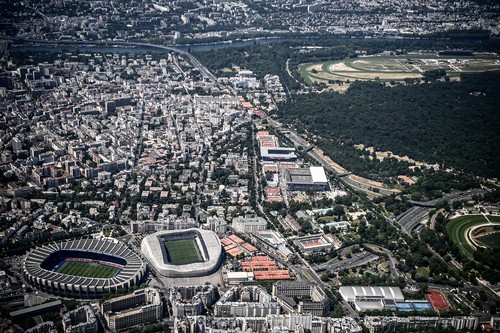 This picture taken on June 7, 2023, shows the Parc des Princes stadium (L), the J