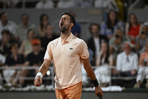 Novak Djokovic of Serbia plays in the men's singles first round at the French O