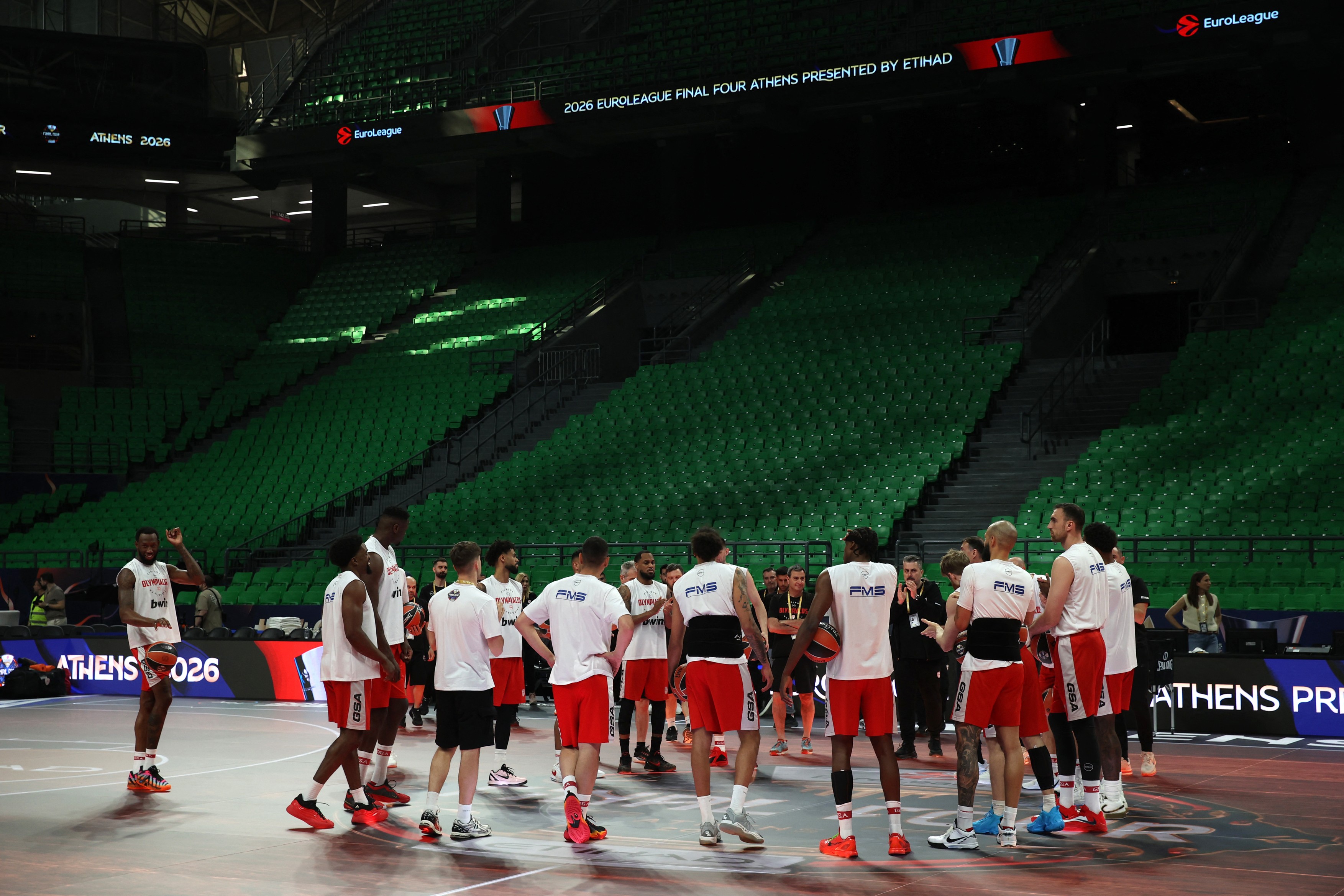 ATHENS, GREECE - MAY 21: Olympiacos players take part in a training session ahead of the EuroLeague Final Four at OAKA Arena in Athens, Greece, on May 21, 2026.