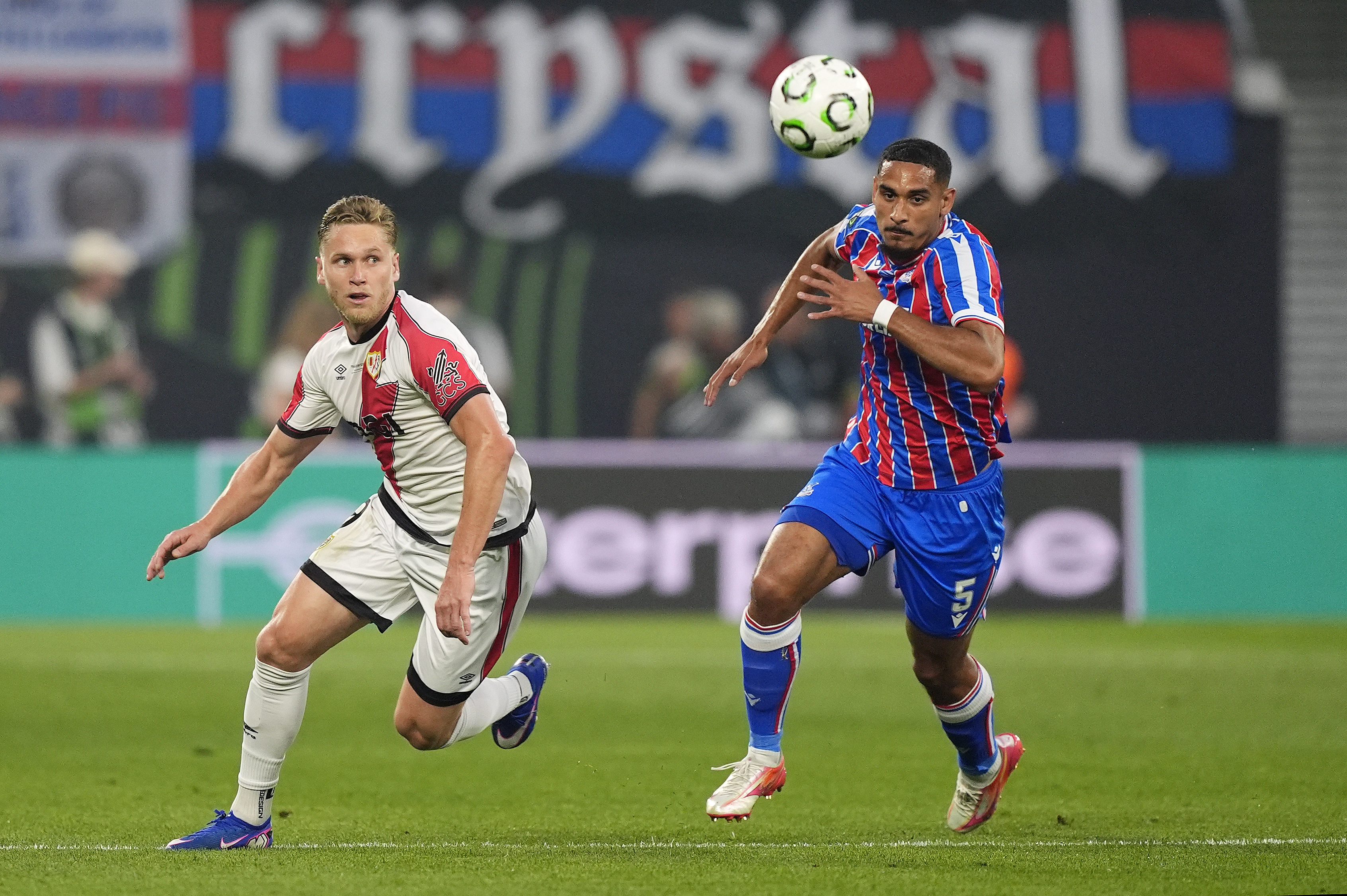 Crystal Palace's Maxence Lacroix (right) and Rayo Vallecano's Alemao battle for the ball