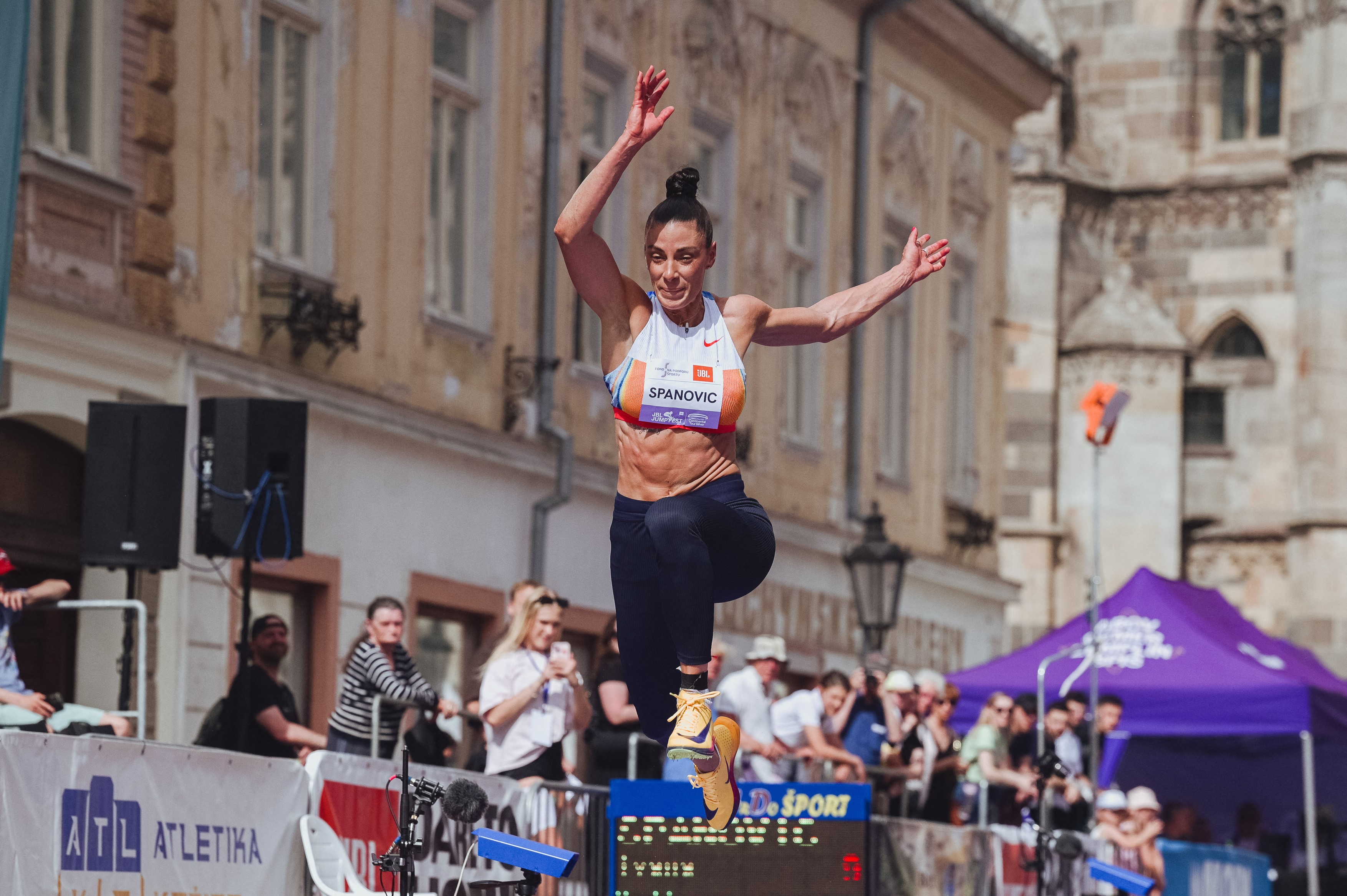 KOSICE, SLOVAKIA - MAY 27: Serbian female athlete Ivana Spanovic competes during the JBL Jump Fest 2026 athletics meeting in Košice, Slovakia, on May 27, 2026.