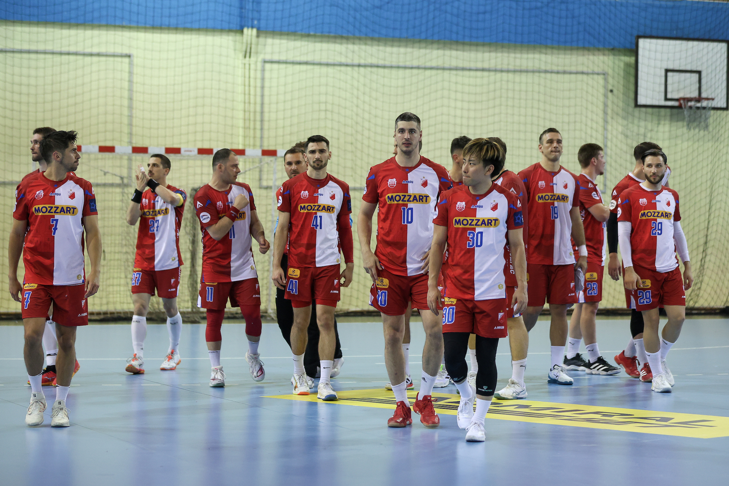 Vojvodina players after the Serbian Handball League Final 1st leg match between Partizan AdmiralBet and Vojvodina at SC Vozdovac on May 22, 2026 in Belgrade, Serbia.
