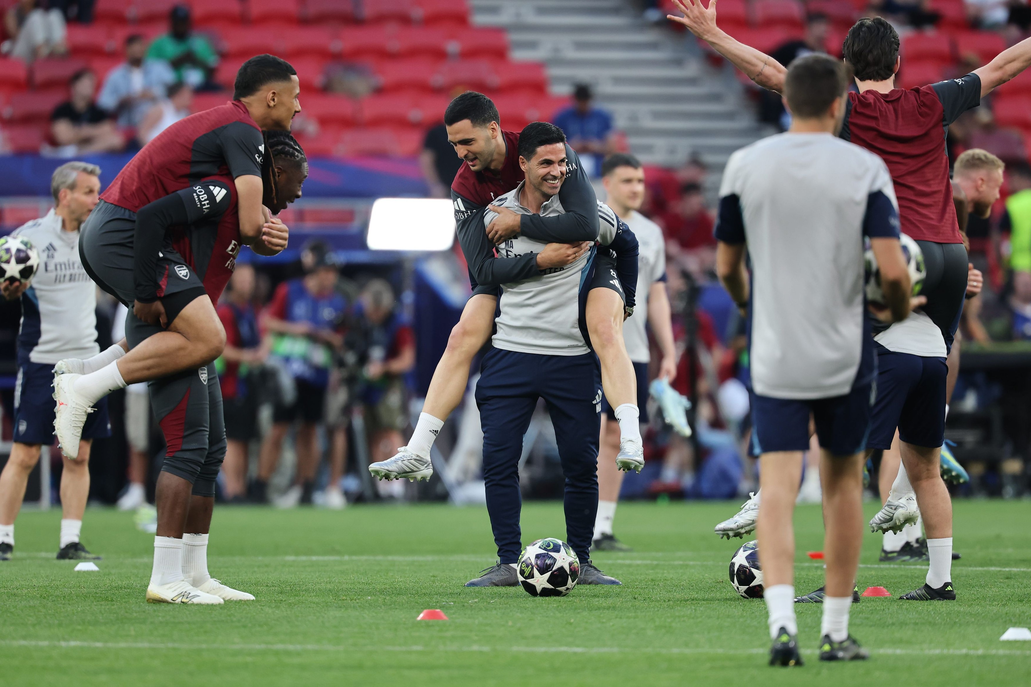 Mikel Arteta (center), head coach of Arsenal, takes part in training at the Puskas Arena in Budapest, Hungary, on May 29, 2026.