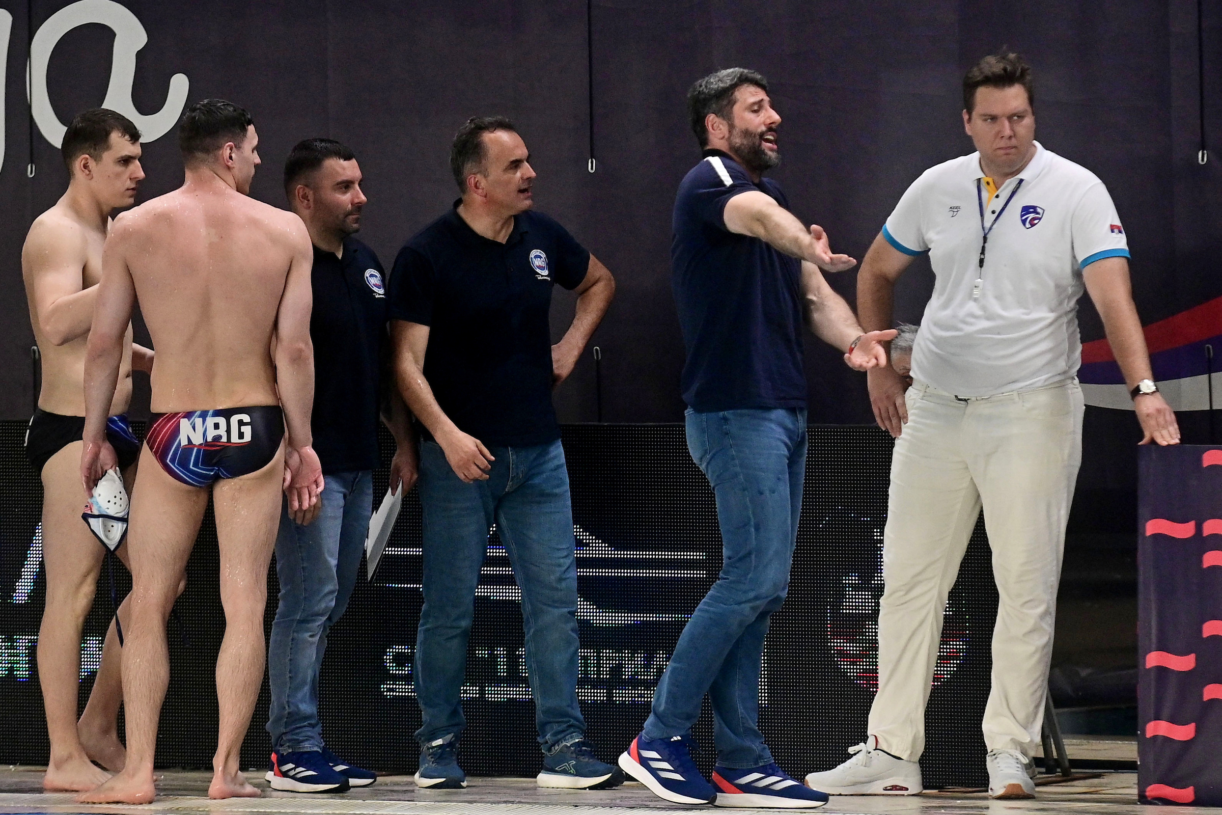(left to right) Petar Vujosevic, Vasilije Martinovic, Aleksandar Bakic, Zoran Mijalkovski and Aleksandar Sapic arguing with a referee at the Serbian waterpolo Super League 2025/26
