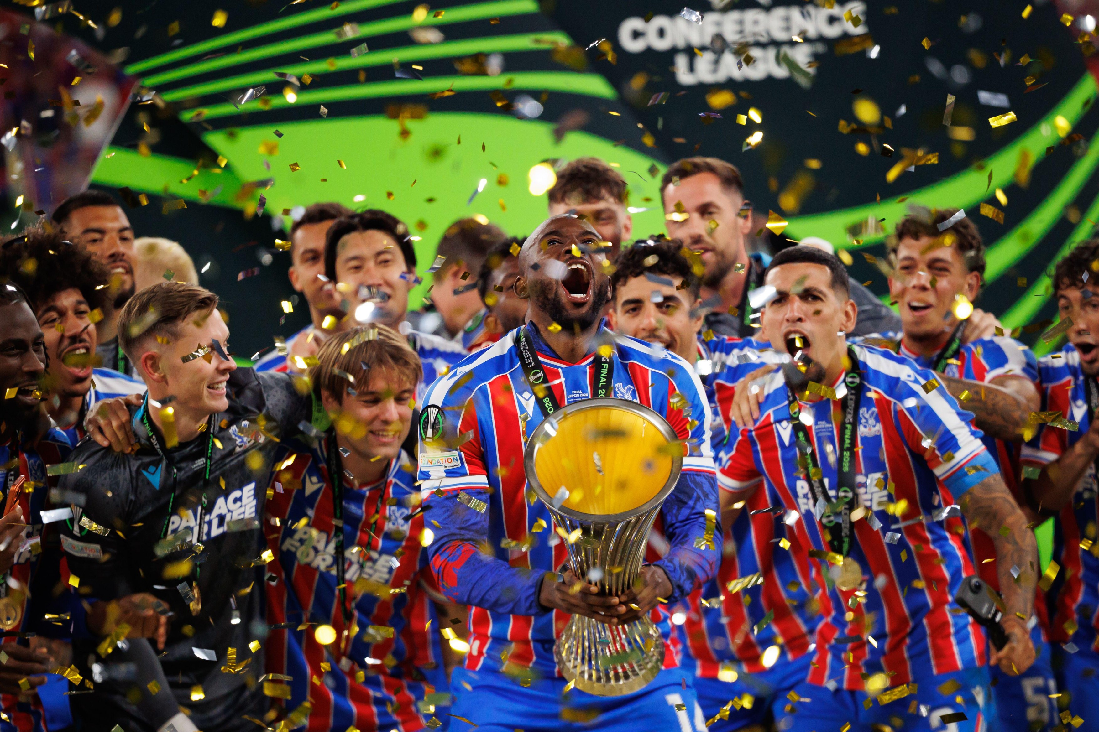 Crystal Palace players celebrating winning a trophy seen during UEFA Conference League 2026