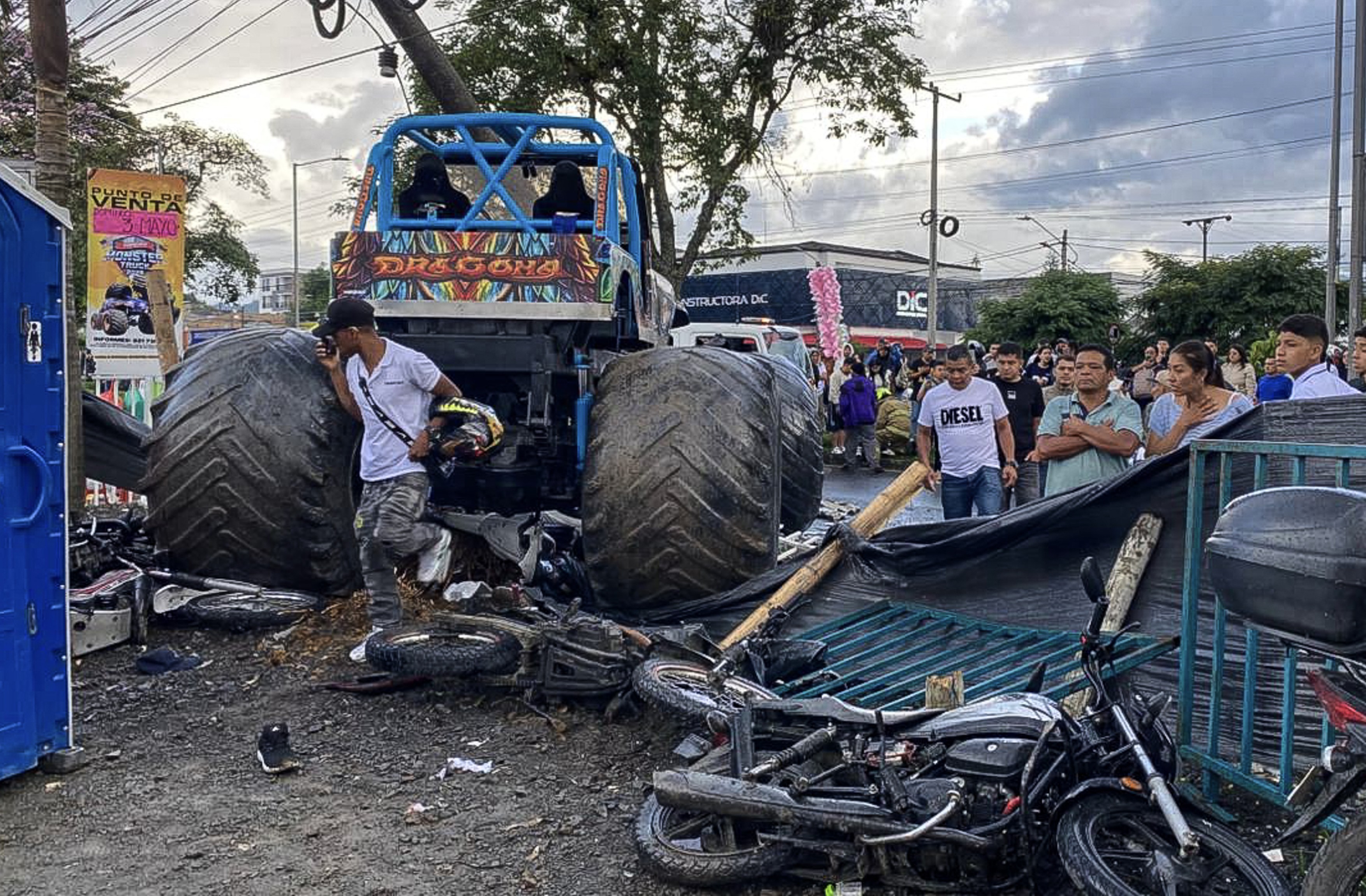 a monster truck after an accident during a show in Colombia, on May 3, 2026.  At least two people were killed and another 37 injured in a motor show when the driver of a monster truck lost control of the vehicle and plowed into dozens of spectators.