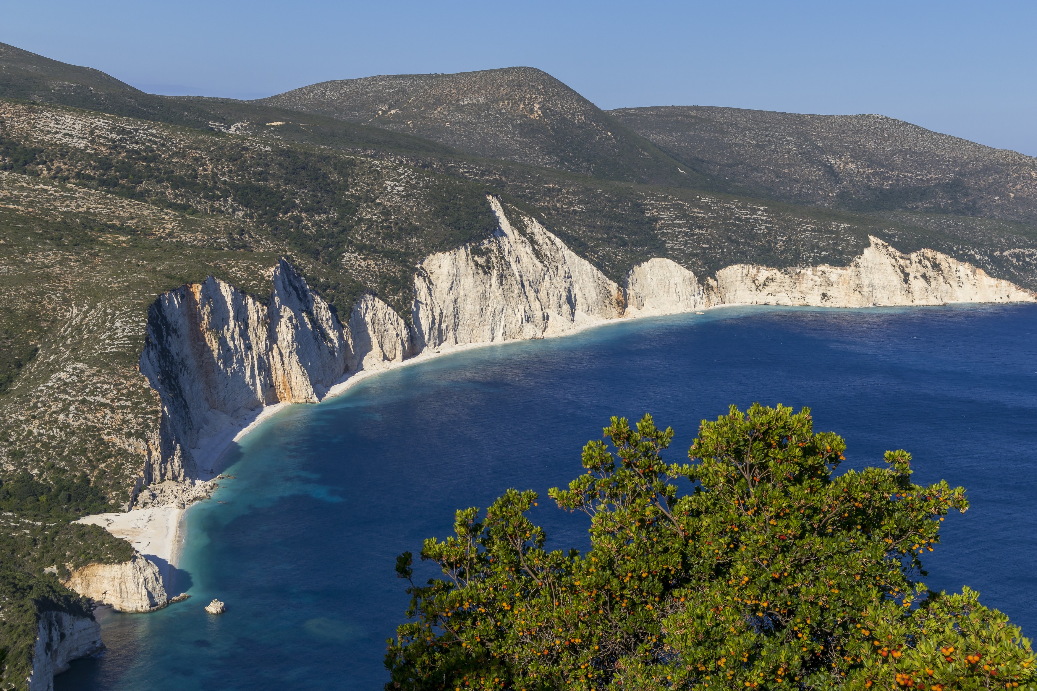 Elevated view over Fteri Beach and the surrounding bay, Kefalonia