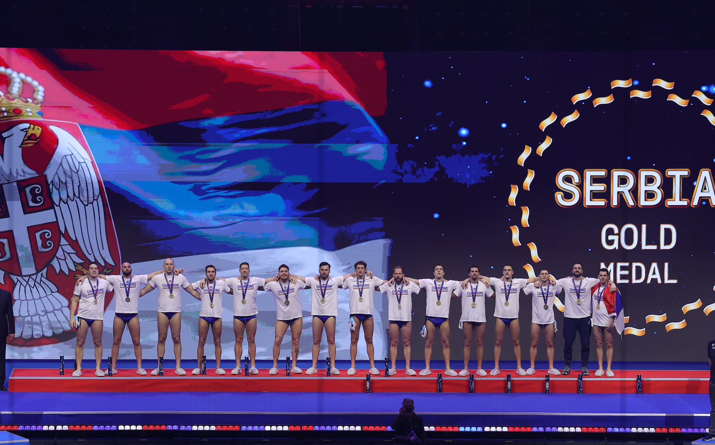 Serbia's players celebrate with a trophy during the awards ceremony at the Men's European Water Polo Championships in Belgrade, Serbia, Jan. 25, 2026.