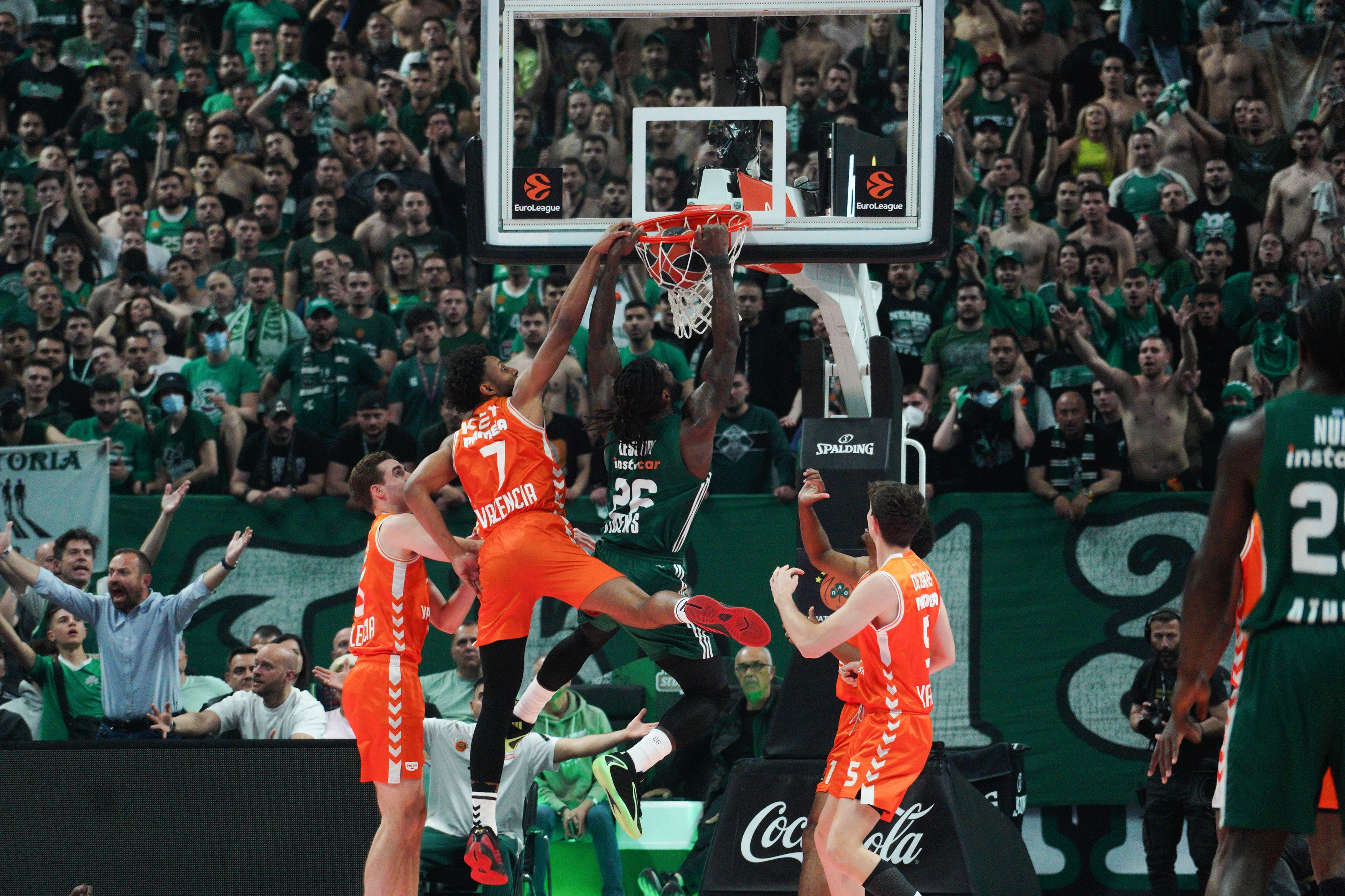 MATTHIAS LESSORT dunks the ball during the EuroLeague Playoffs Game 4 between Panathinaikos and Valencia at Telekom Center Athens