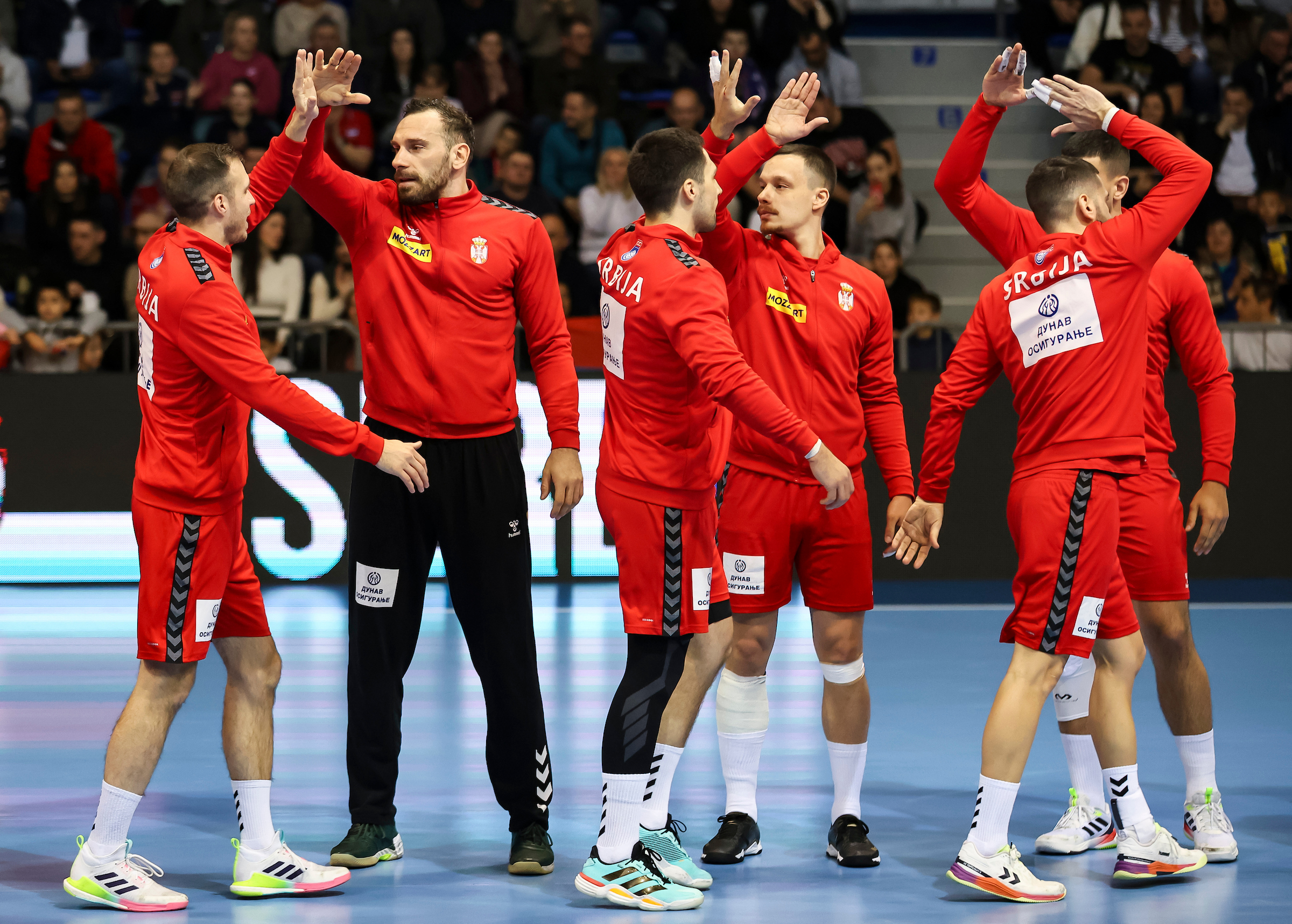 goalkeeper Vladimir Cupara (C) Vukasin Vorkapic (R) of Serbia during the World Handball Championship Qualifiers between Serbia and Lithuania at Cair Hall on March 19, 2026 in Nis, Serbia.