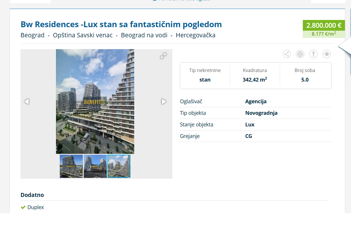 Beograd na vodi pokrivalica  stan po ceni od 2.800.000 evra,