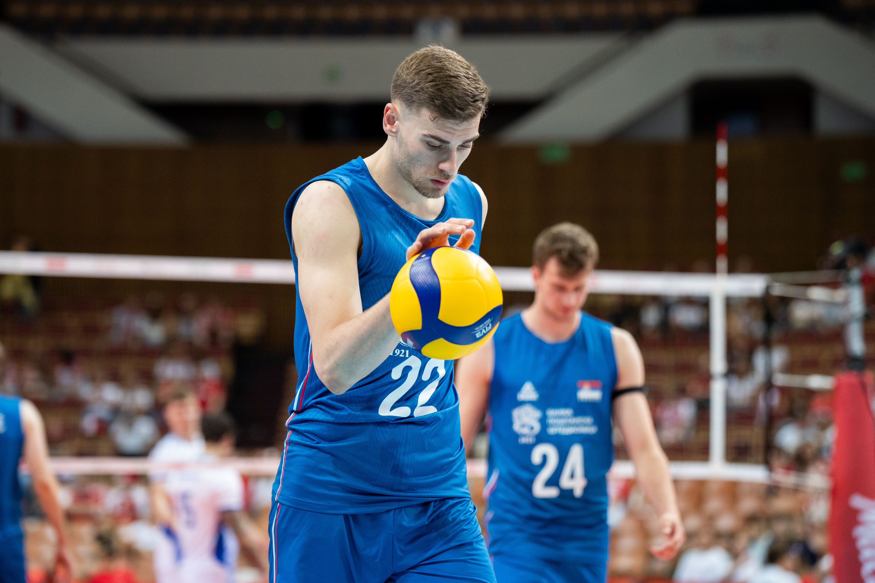 Veljko Masulovic plays during a volleyball game between Serbia and Ukraine in Katowice