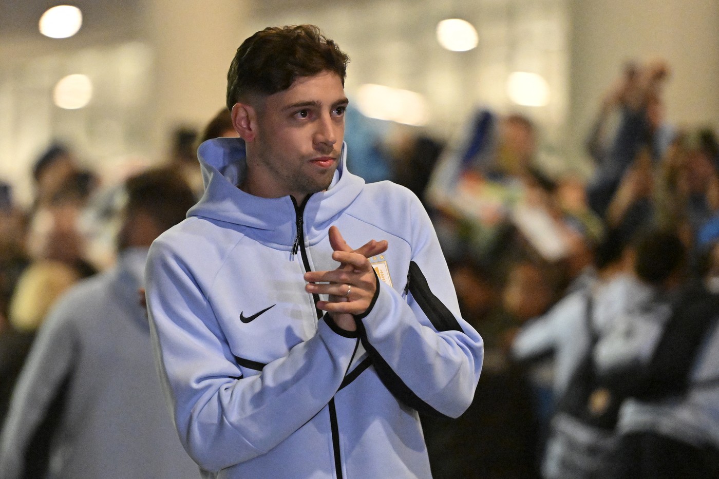 Uruguay's midfielder Federico Valverde acknowledges fans as the Uruguay n
