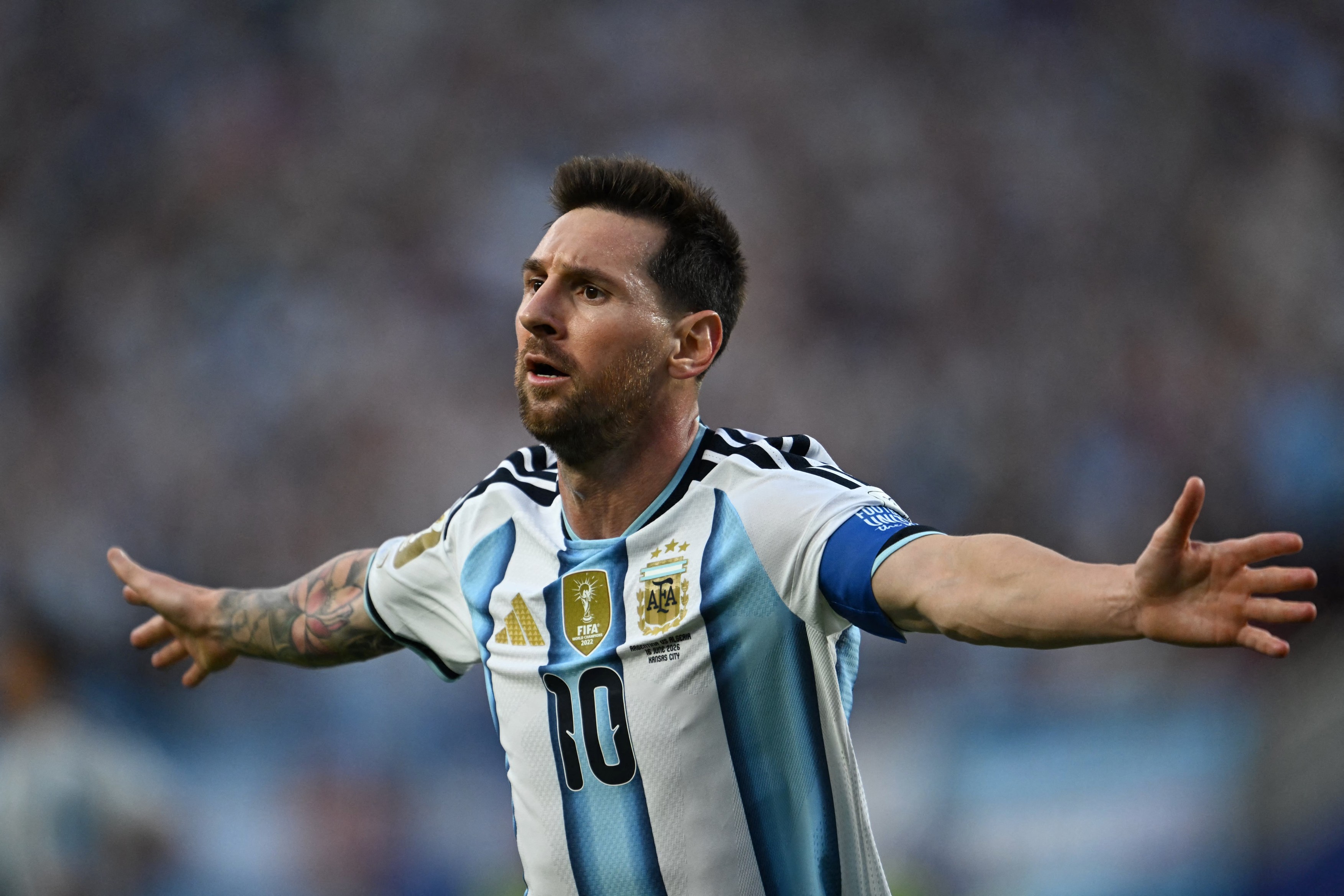 Argentina's forward #10 Lionel Messi celebrates scoring