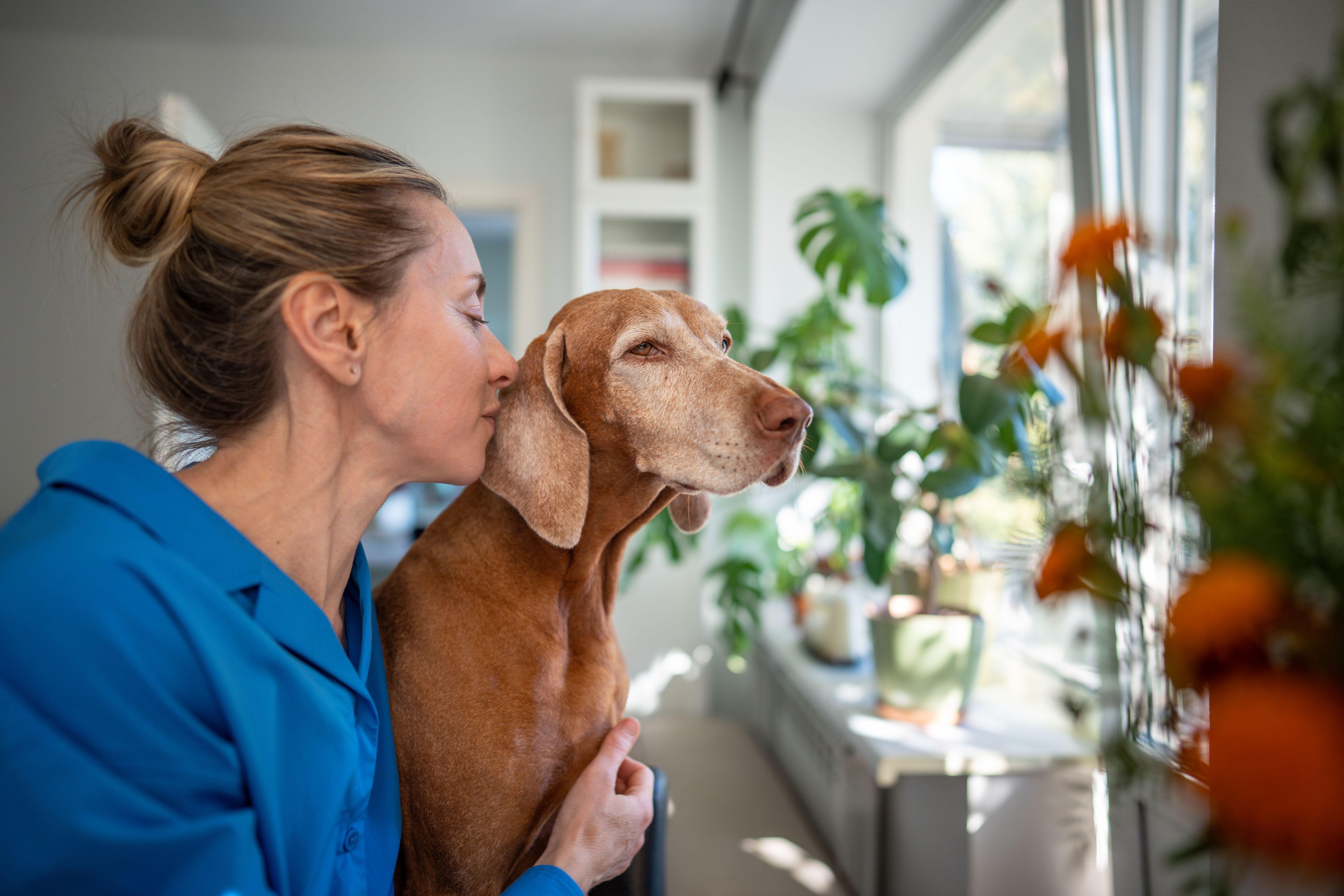Tired woman cuddles with happy cute dog at home.