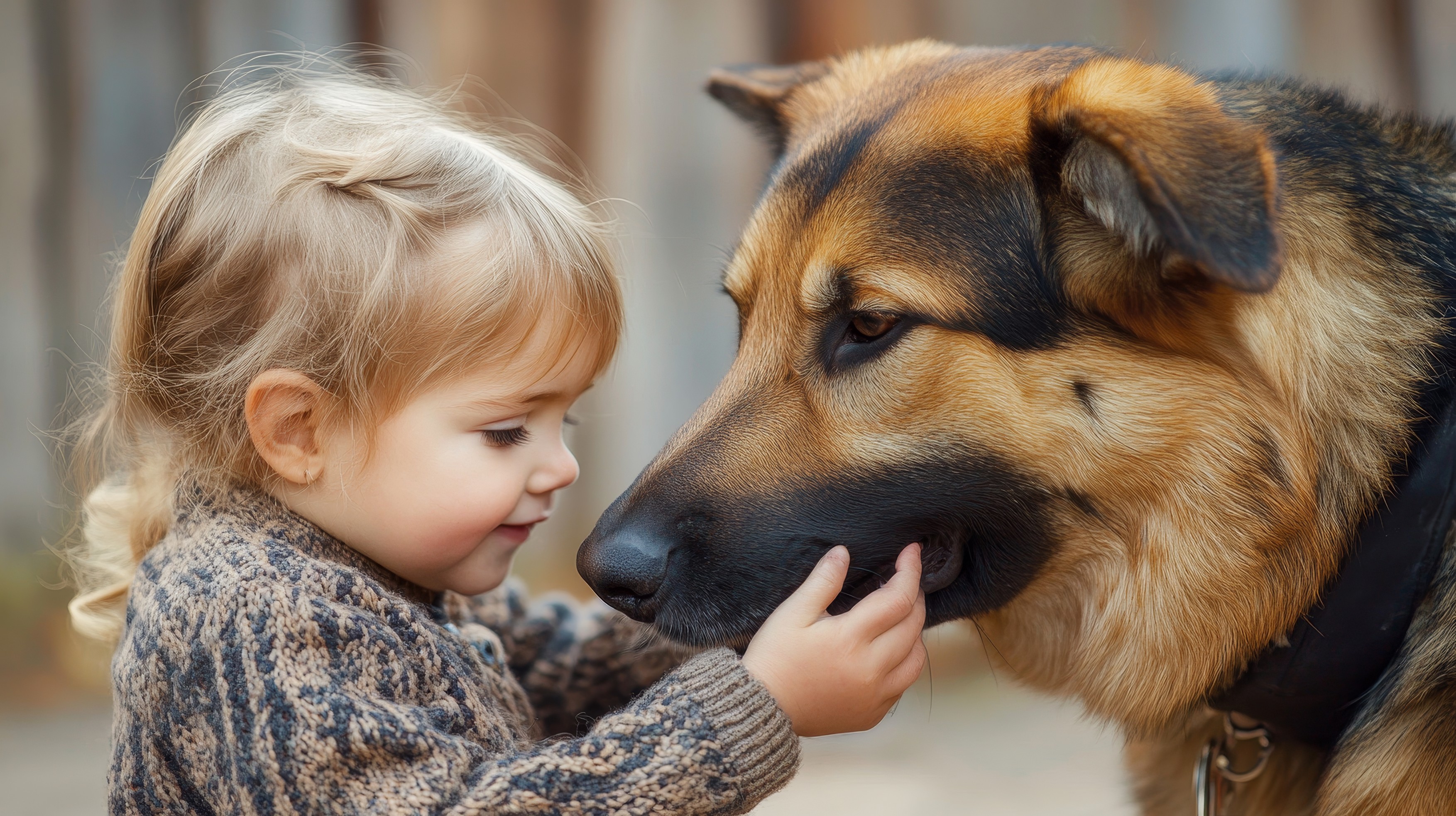 Blonde toddler girl in knit sweater gently touching nose of large German Shepherd dog