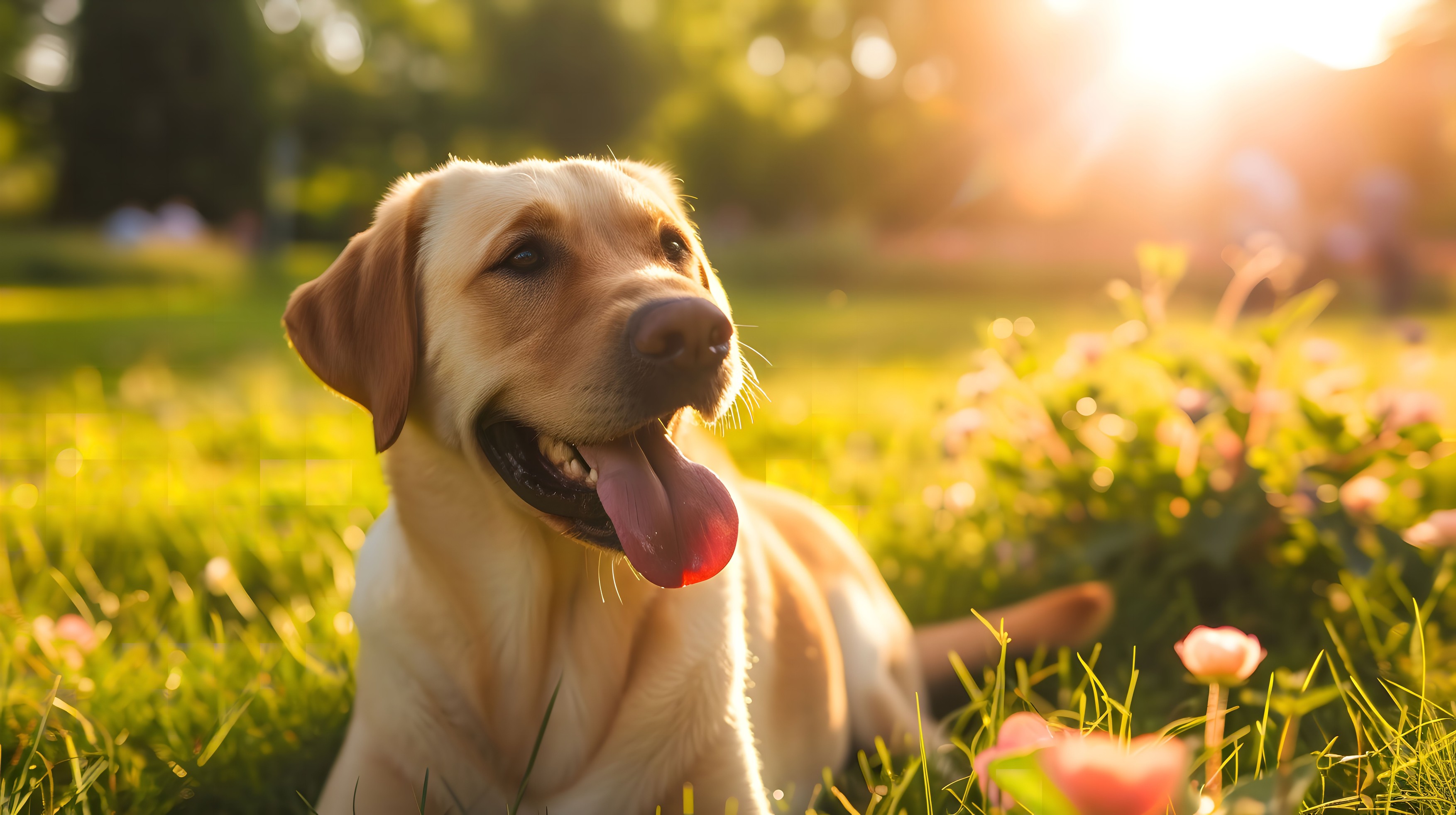 A joyful Labrador Retriever enjoys the warm summer sunshine in a grassy meadow