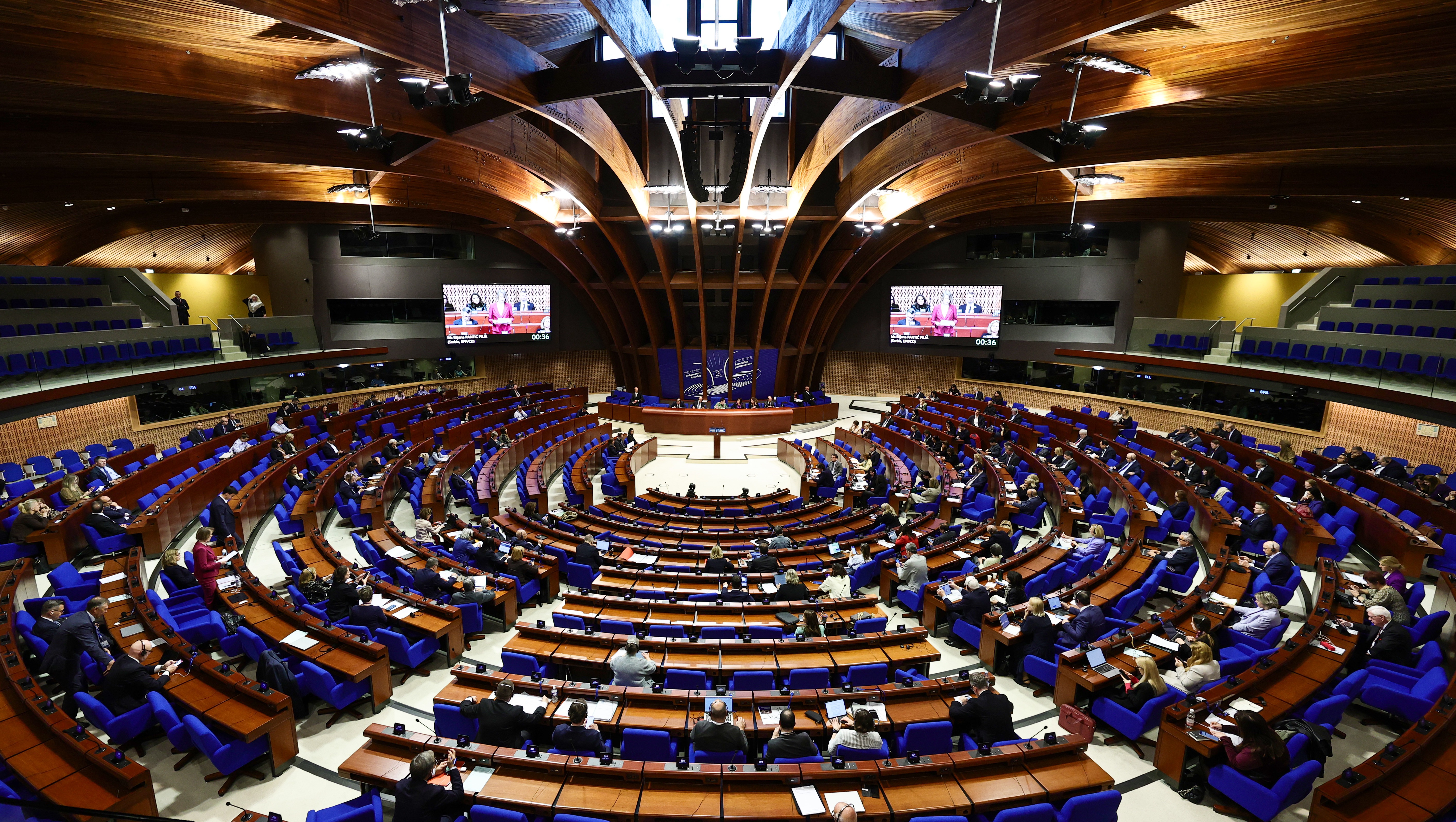 epa12902425 The plenary chamber at the Council of Europe in Strasbourg, France, 20 April 2026. The current Spring Session of the Parliamentary Assembly runs from 20 to 24 April 2026.  EPA/RONALD WITTEK