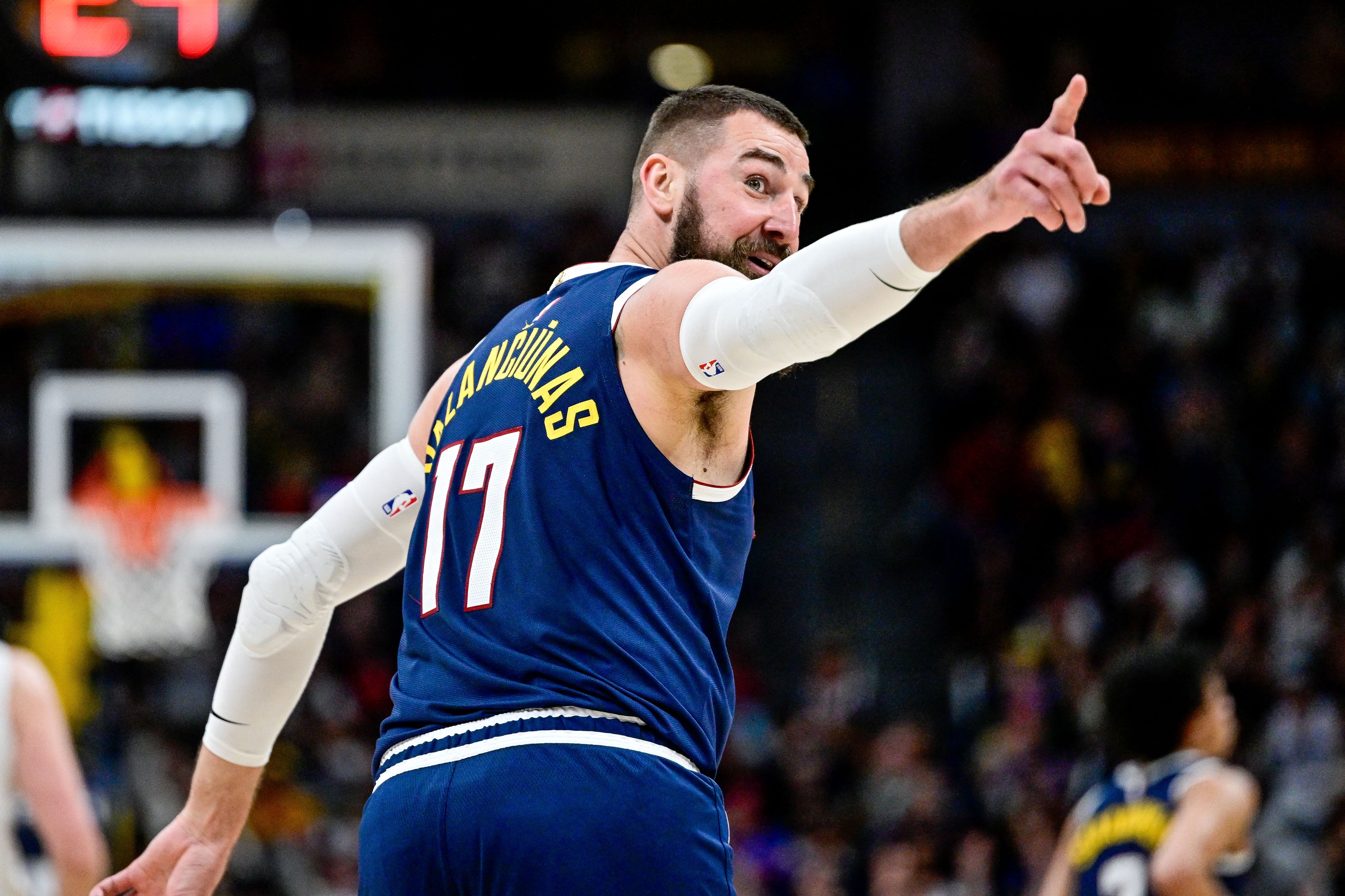 Jonas Valanciunas #17 of the Denver Nuggets reacts after a basket